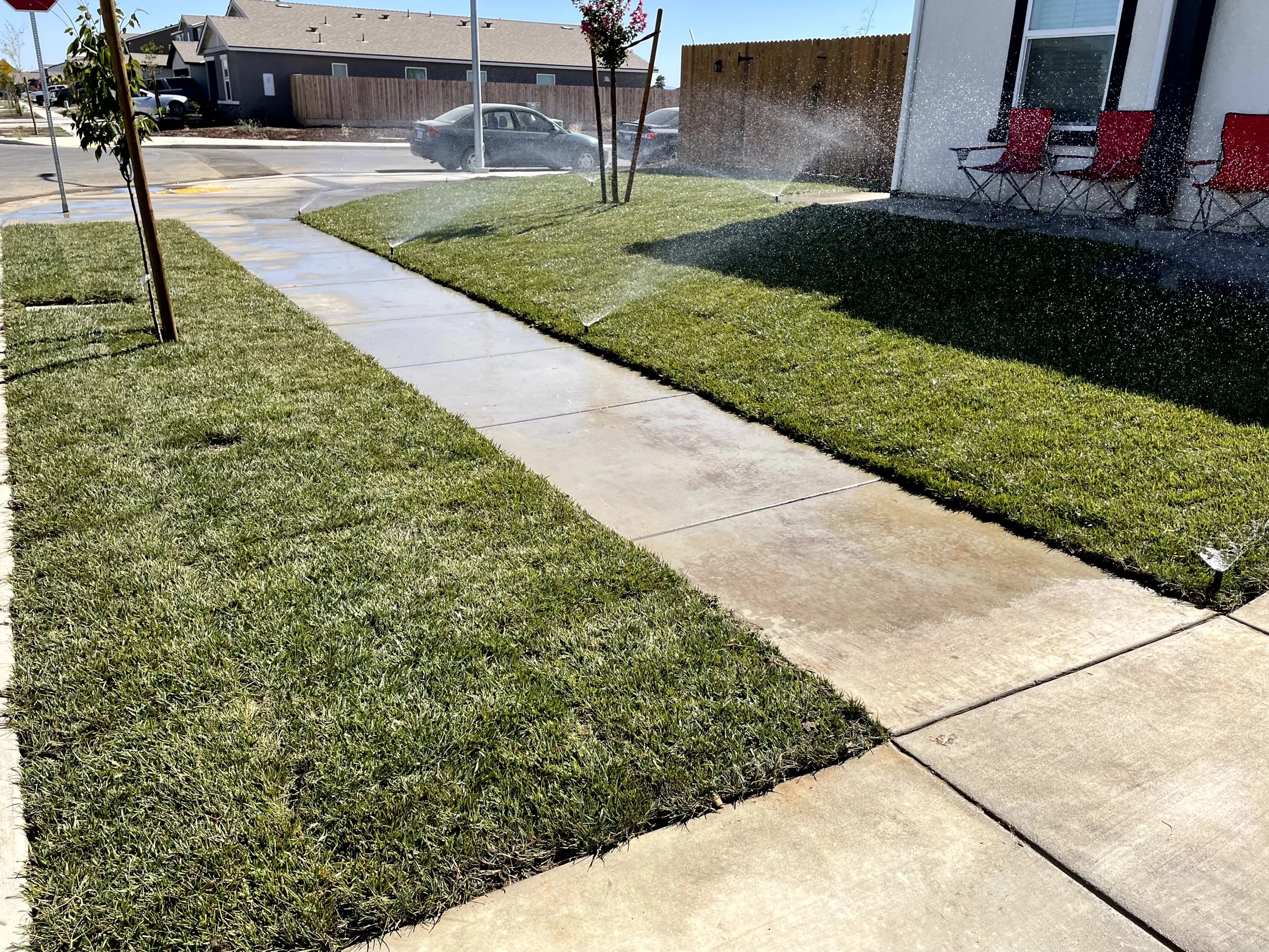 Sidewalk with grass and a sprinkler watering the lawn on a sunny day.