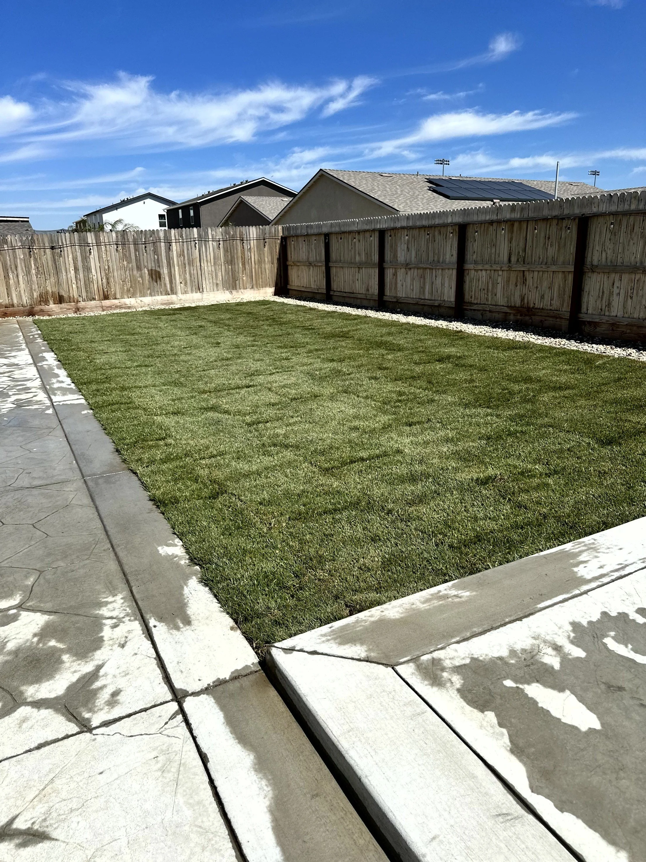 A backyard with a green lawn, a wooden fence, a concrete patio, and a clear blue sky with wispy clouds.