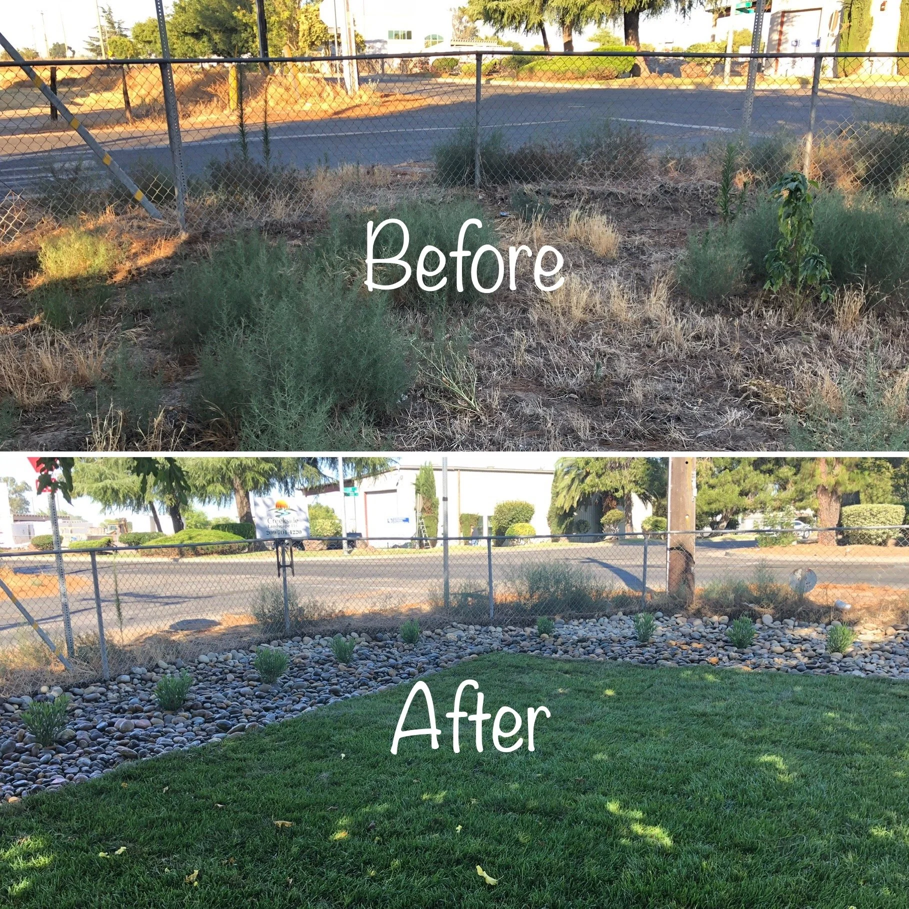 Side-by-side comparison of a yard before and after landscaping. The top image shows a dry, overgrown area with sparse, brown weeds and bushes near a fence. The bottom image shows a transformed yard with green grass, decorative rocks, small plants, an
