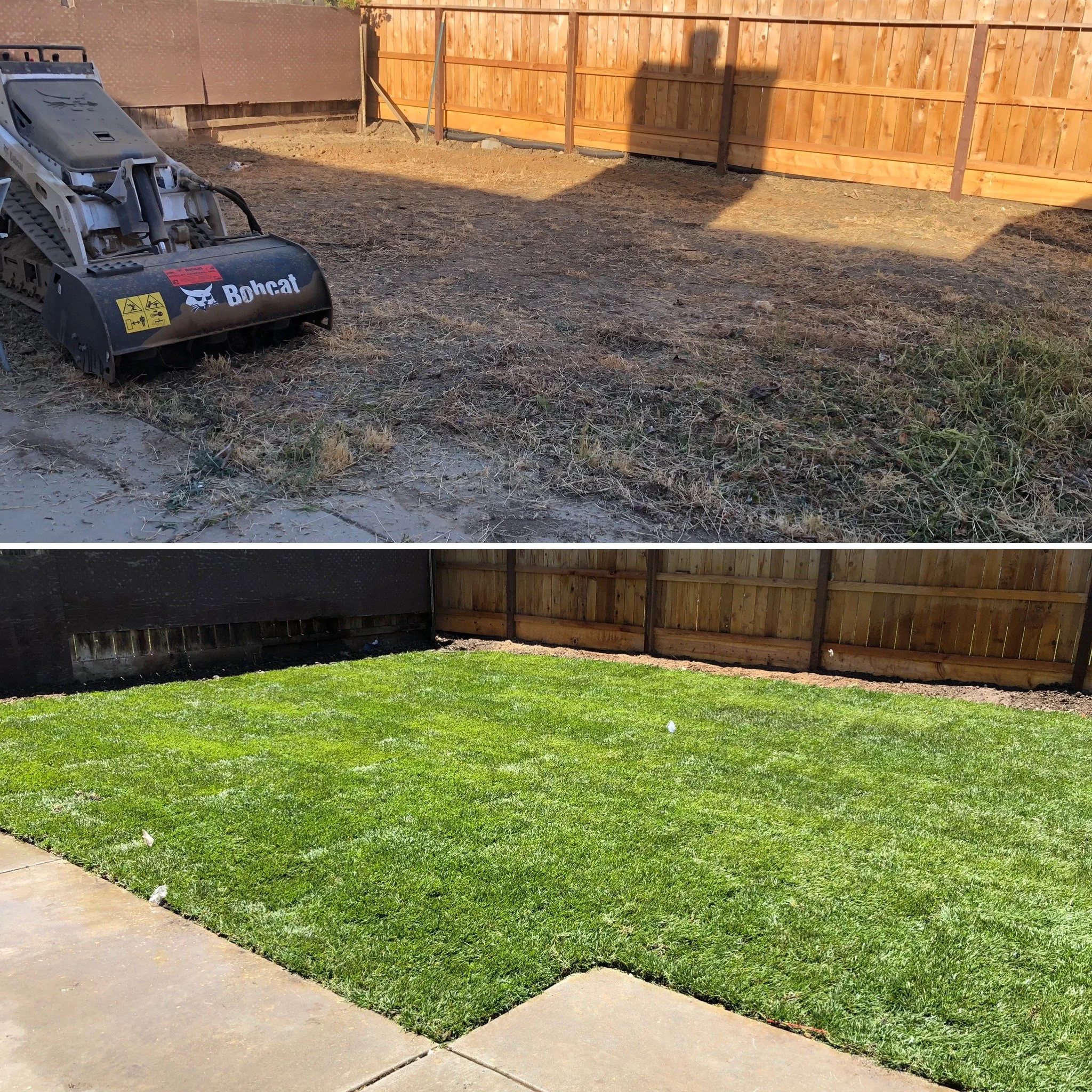 A before-and-after comparison of a backyard, showing overgrown, dry grass and weeds in the top image, and a newly laid, lush green lawn in the bottom image, with a wooden fence in the background in both.
