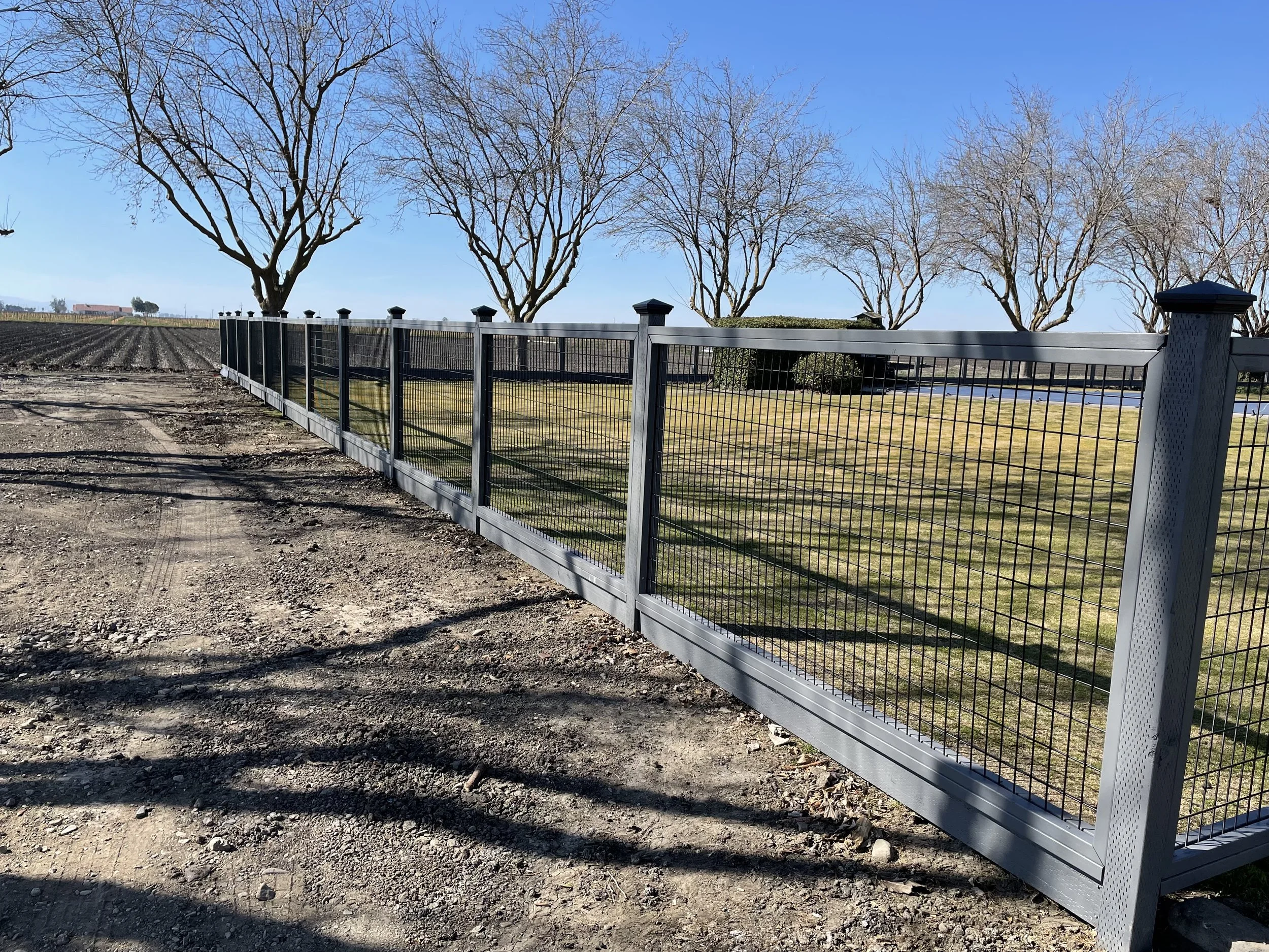 A metal fence with wire mesh runs alongside a dirt path on the left, with leafless trees in the background and a clear blue sky overhead.