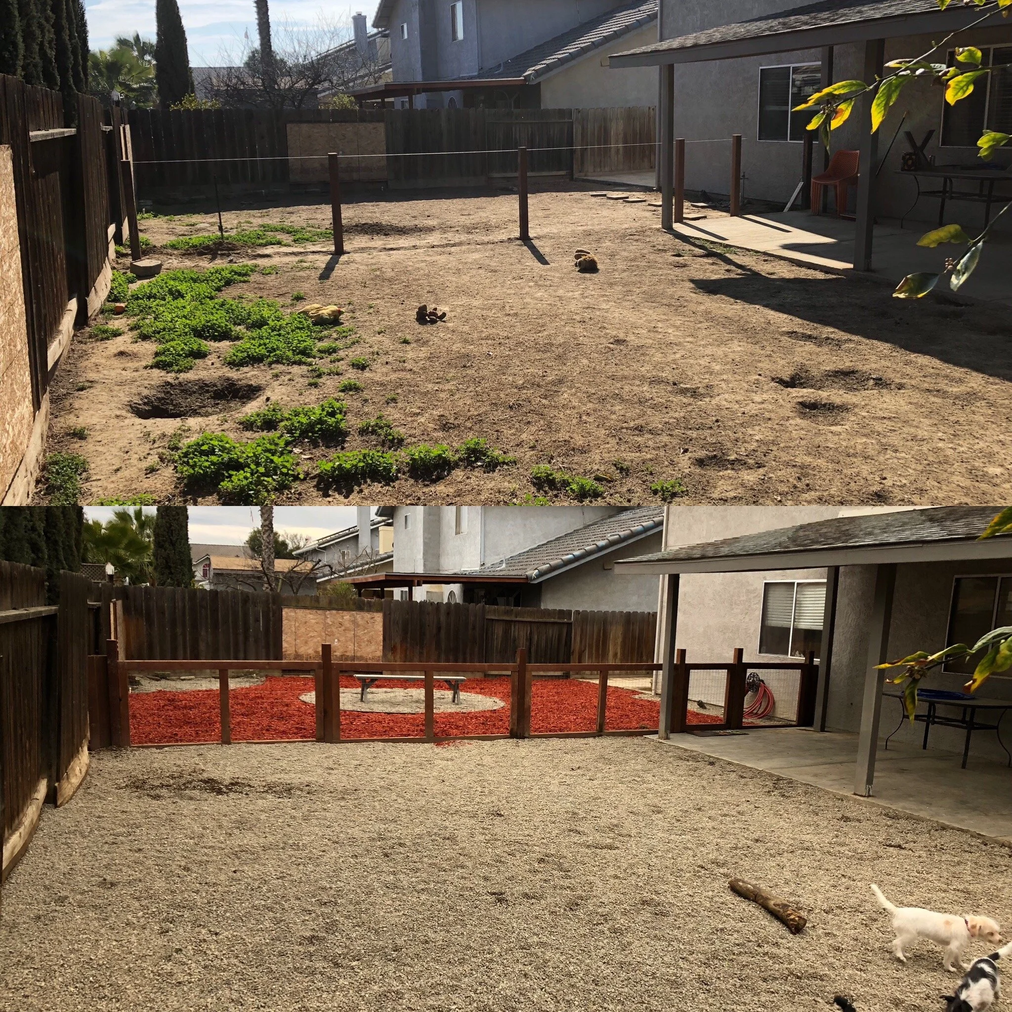 Comparison of a backyard before and after renovation. Top image shows a dirt yard with some green plants and scattered small animals, while bottom image shows the same yard covered with gravel, with a redwood mulch area near the back, and a small whi