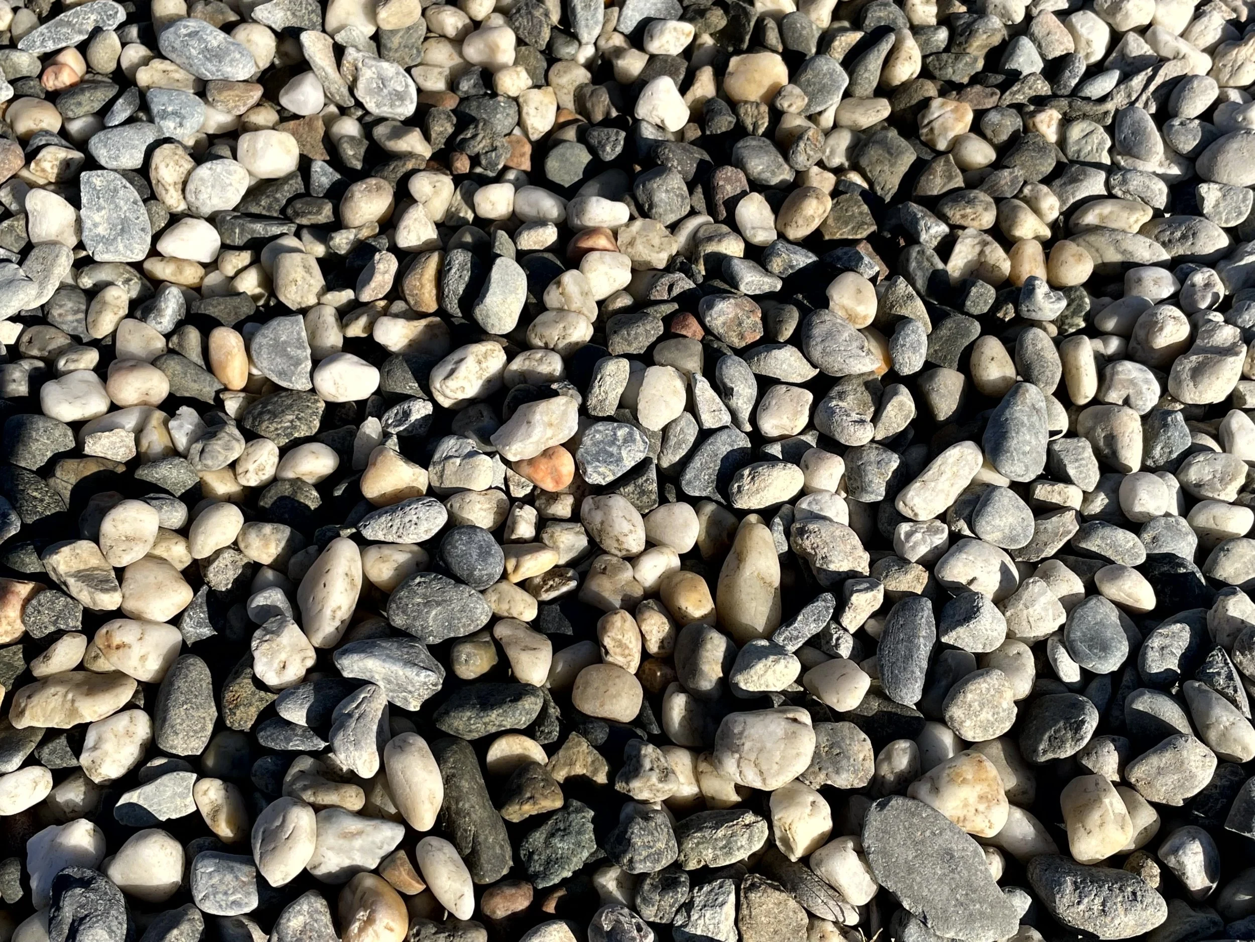 A close-up of small, multicolored gravel stones on the ground.