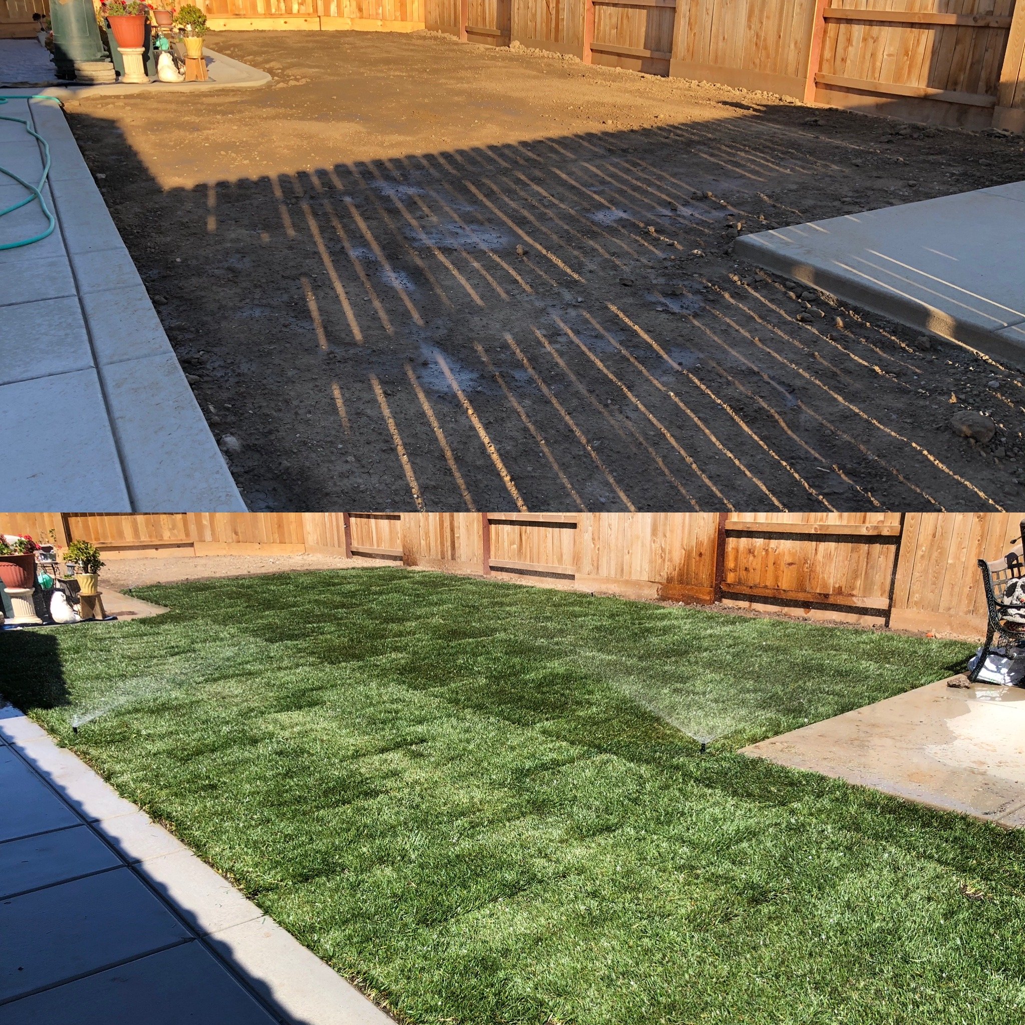 Before and after images of a backyard landscaping project. The top image shows a bare dirt yard with some concrete slabs and garden items, whereas the bottom image shows the same yard fully sod-filled with green grass and a sprinkler watering the law