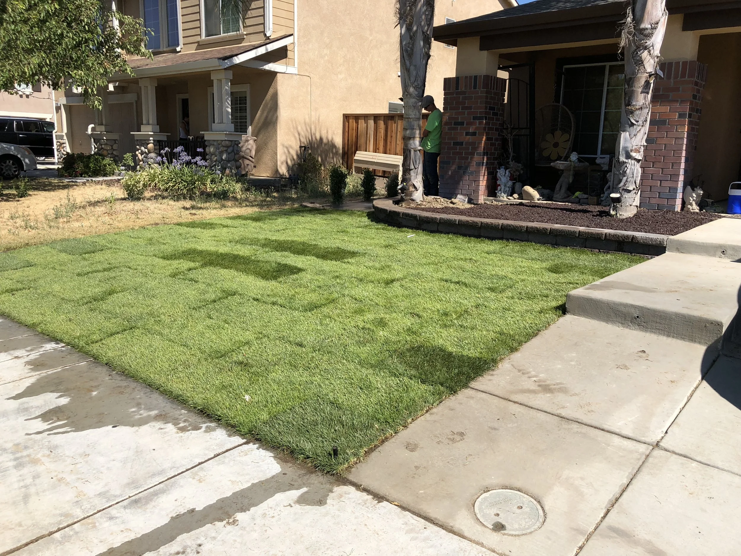 Newly sodded green lawn in front of a beige apartment building with flower bed and outdoor decorations