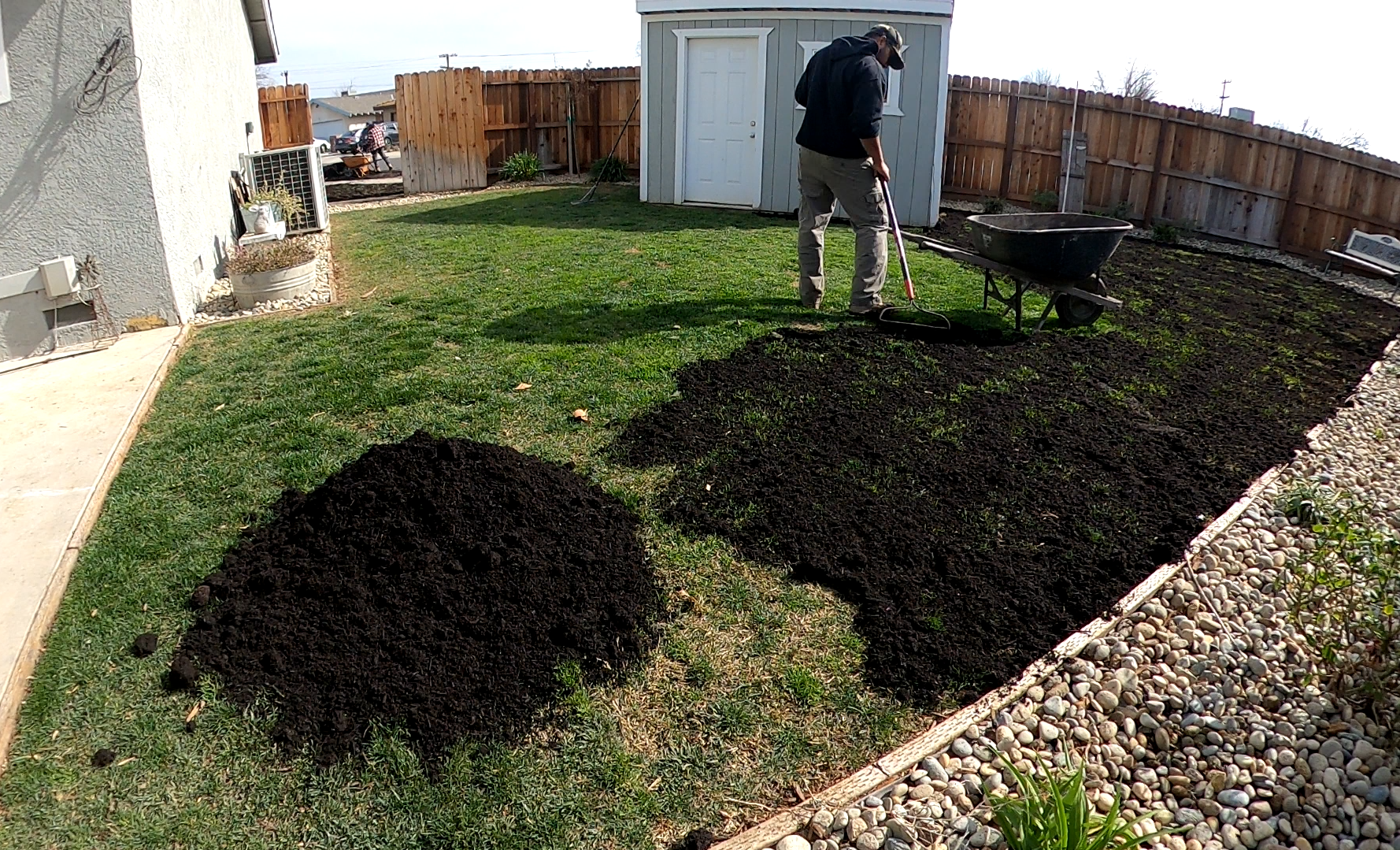 Person spreading fresh soil or compost in a backyard garden bed, with a wheelbarrow nearby. The lawn is neatly maintained, and the garden border has small rocks. A shed is visible in the background.