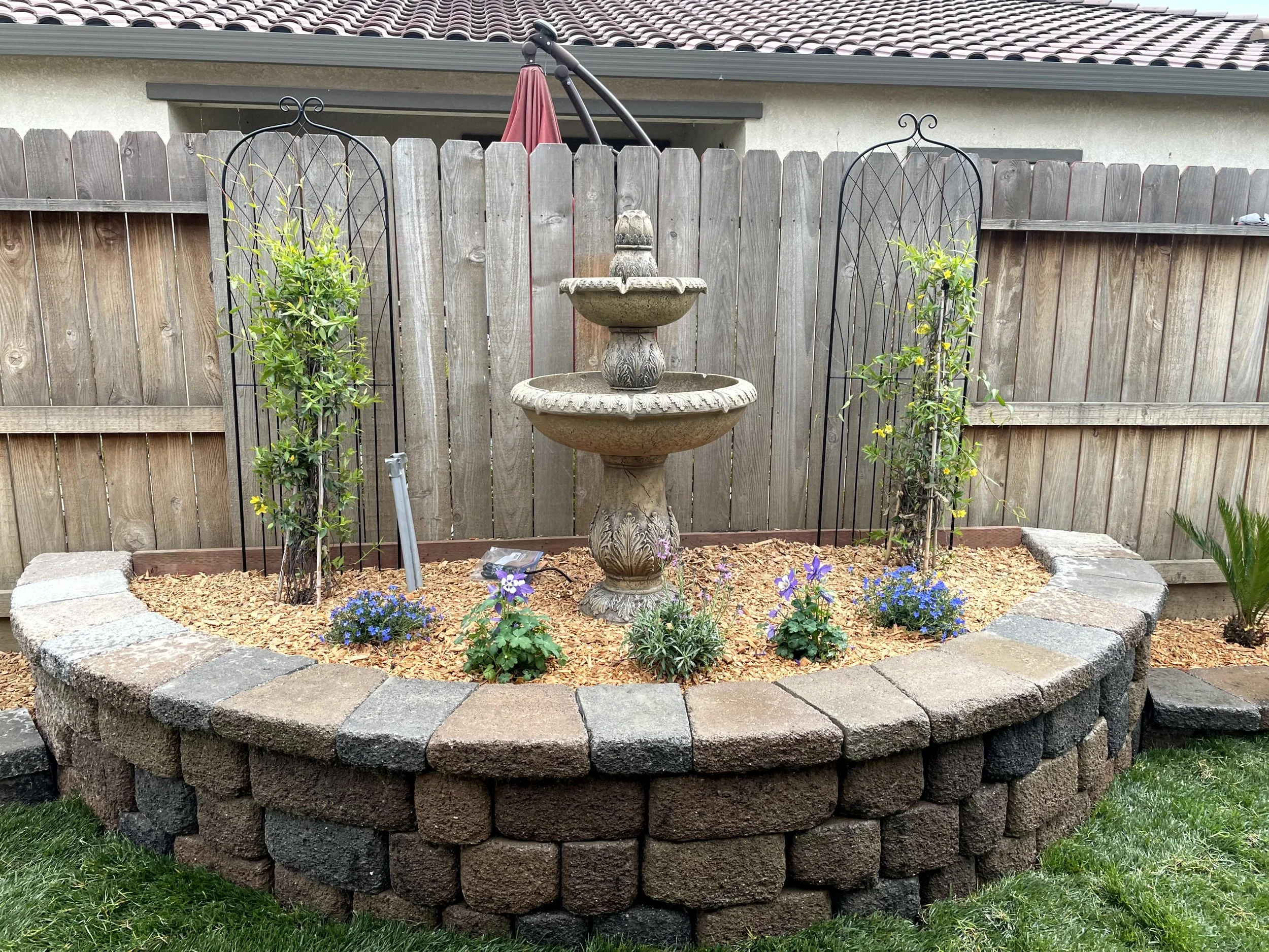 A backyard garden with a stone border, a multi-tiered stone fountain, two small flowering bushes, four purple and blue flowers, and a wooden fence in the background.
