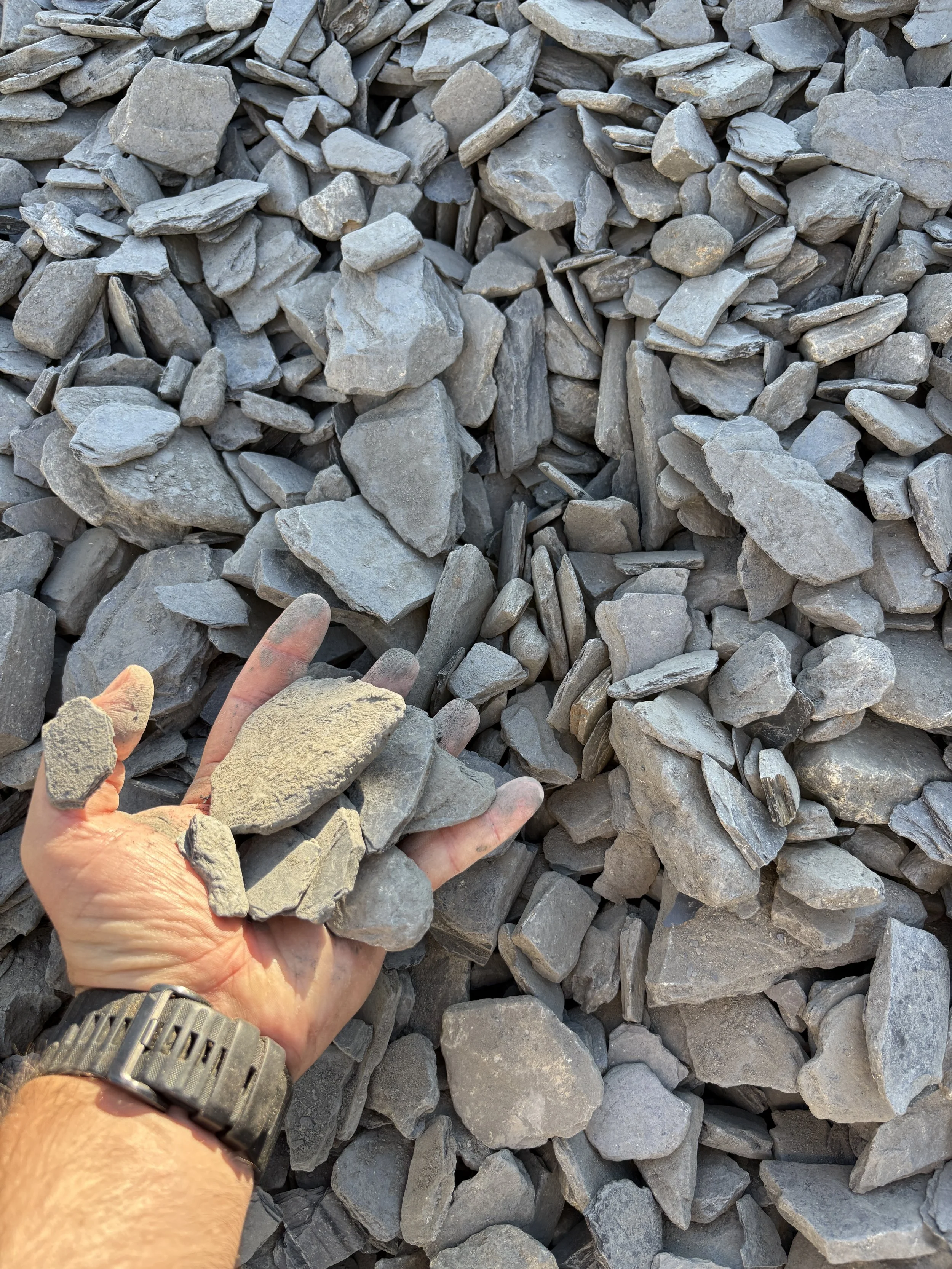 A person's hand holding some gray gravel rocks, with more gravel in the background.