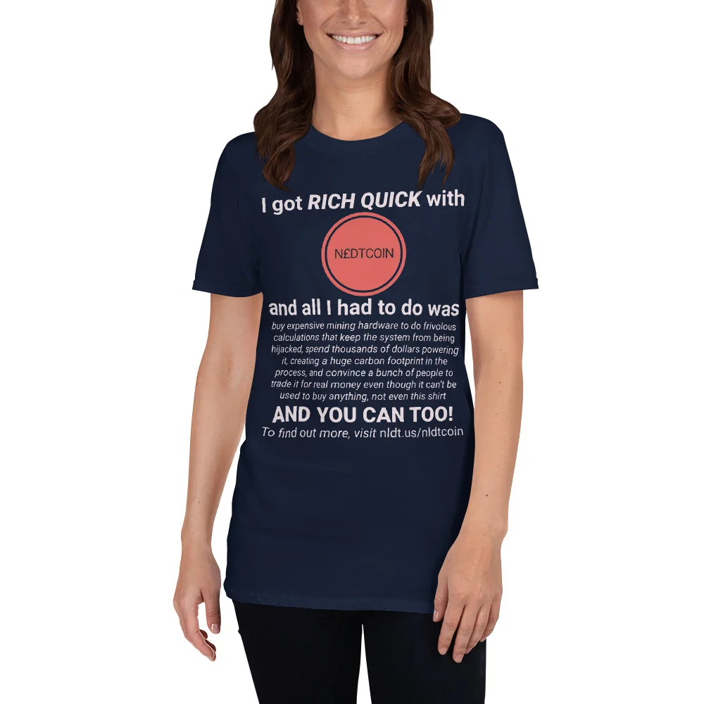 N£DTcoin navy tshirt on women's model