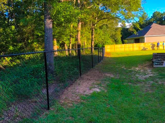 black chain link backyard fence perimeter fence