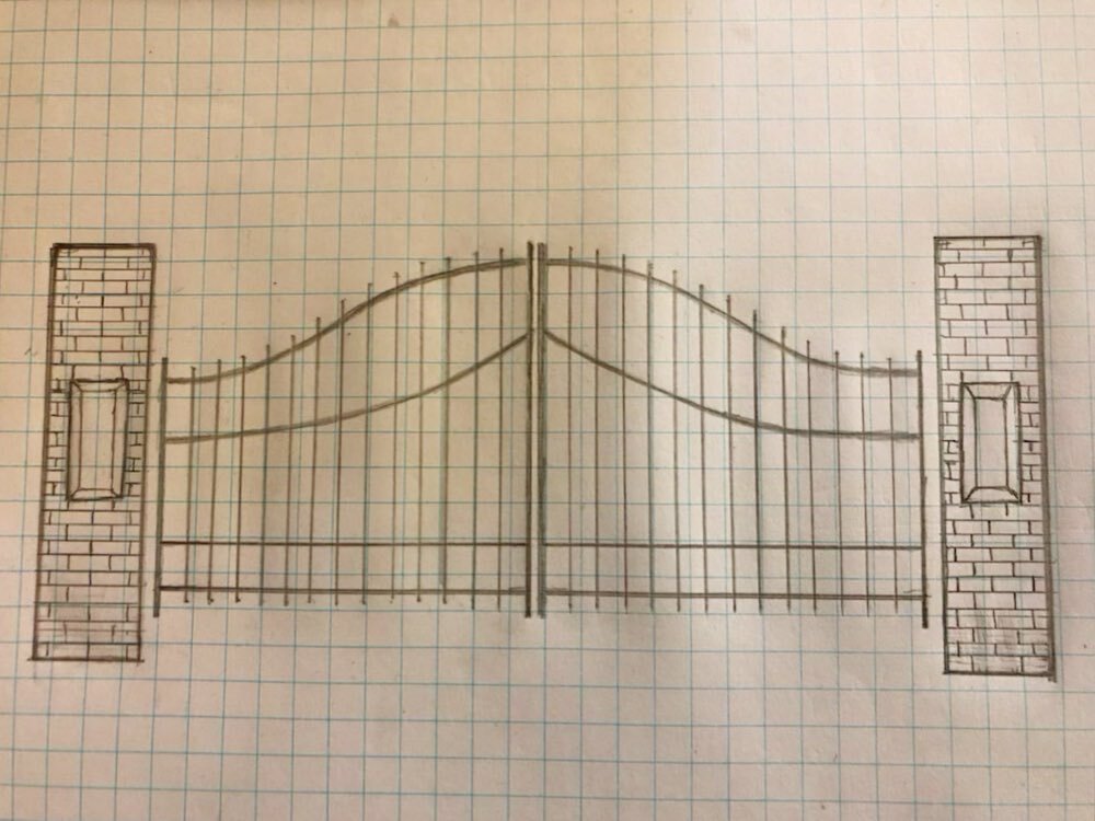 Custom means it&rsquo;s what you want, even if it doesn&rsquo;t exist yet. Here&rsquo;s a concept drawing of a gate design, including brick columns and light fixtures! 
&bull;
&bull;
&bull;
#gate #gatedesign #customgate #customgates #drivewaygates #d