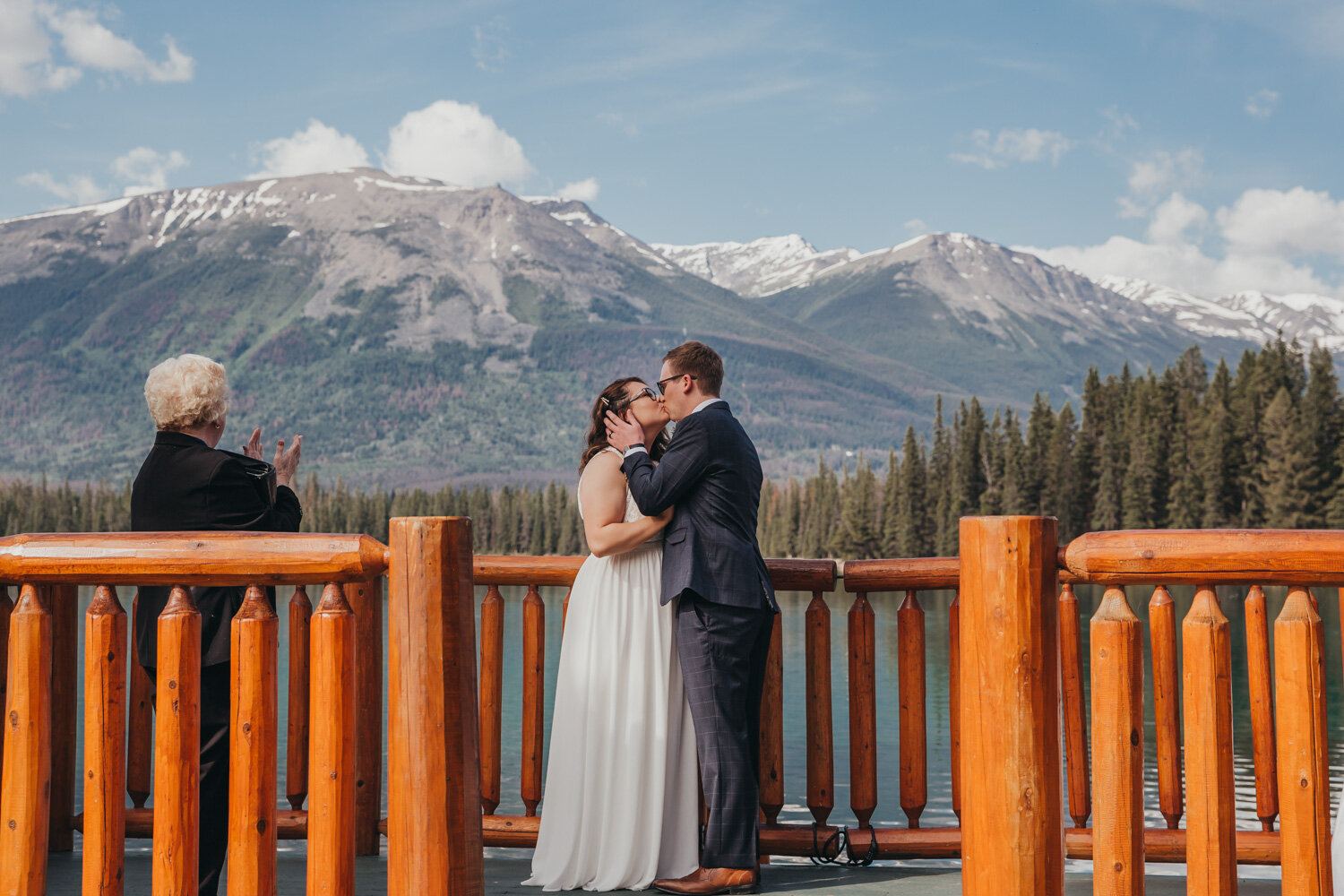Bride & Groom kiss Jasper Park Lodge WeddingBride & Groom in the Rocky Mountains | Jamie Robson Photography | Elopement & Wedding Photographer in Jasper (Copy)