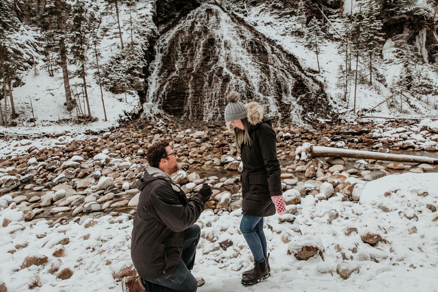 Man proposing to woman in Maligne Canyon  | Jamie Robson Photography | Engagement Photographer in Jasper (Copy)