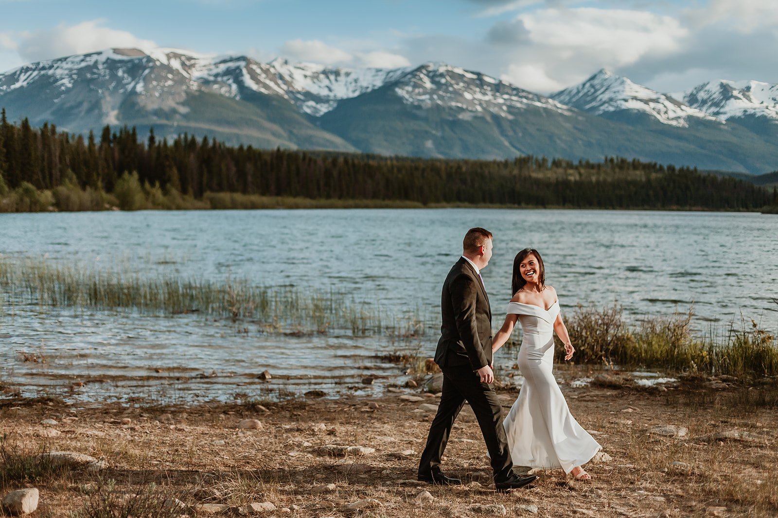 Bride and Groom walking at Patricia Lake | Jamie Robson Photography | Elopement & Wedding Photographer in Jasper (Copy)