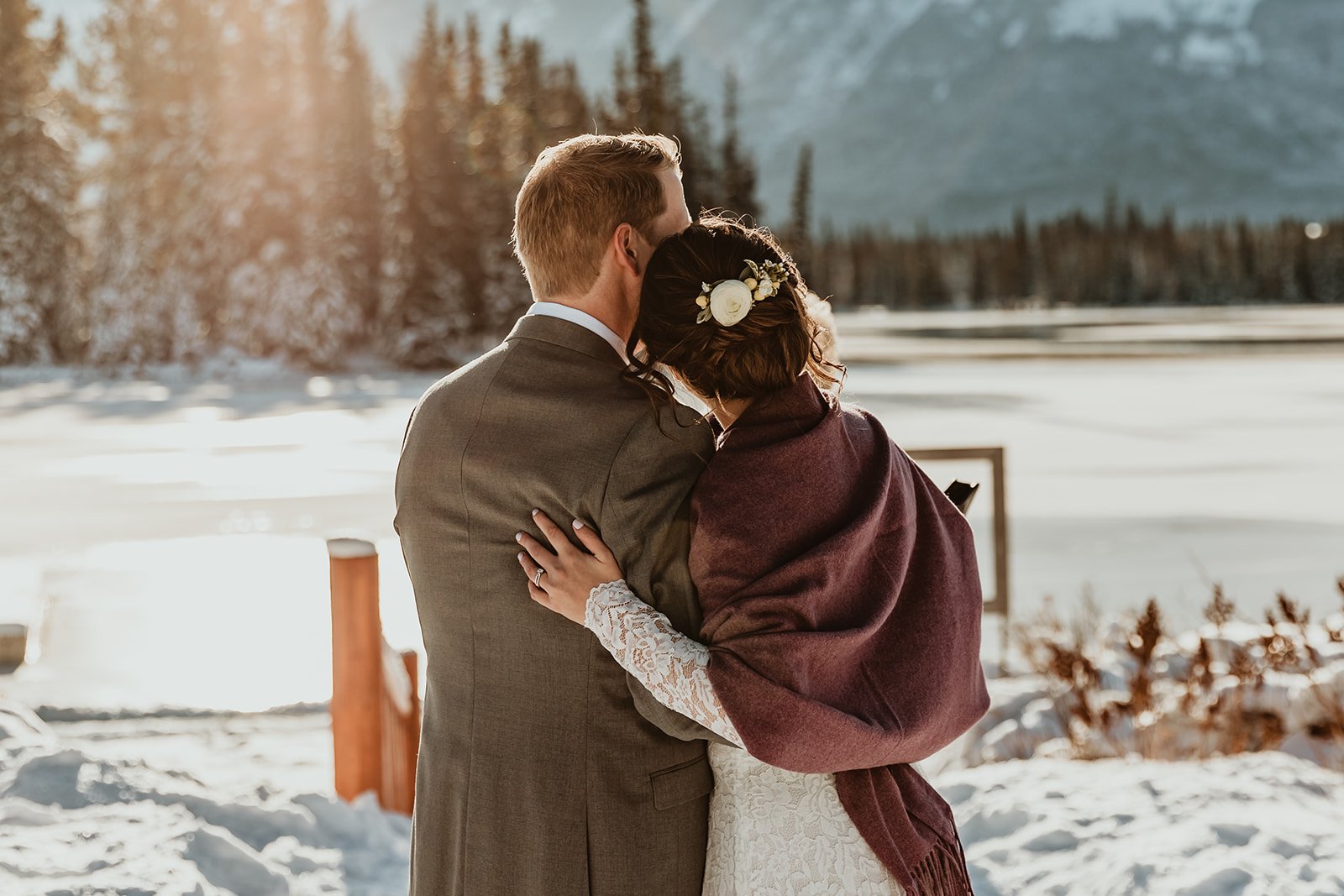 Bride & Groom hug at Jasper Park Lodge Wedding | Jamie Robson Photography | Elopement & Wedding Photographer in Jasper (Copy)