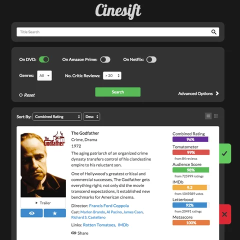 Cinesift: movie ratings and regional stream availability