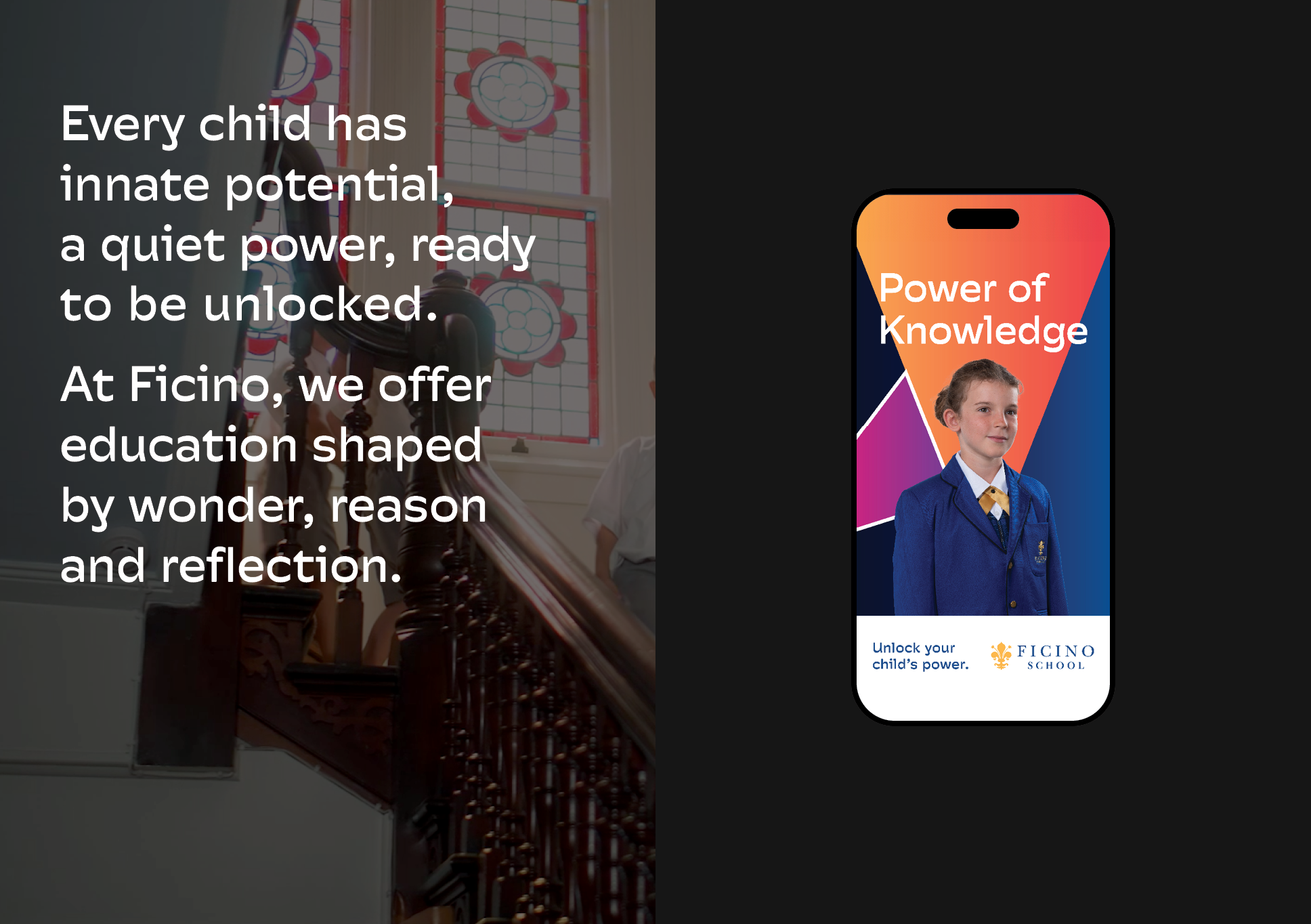 Ficino School video transcript snippet and phone ad visual