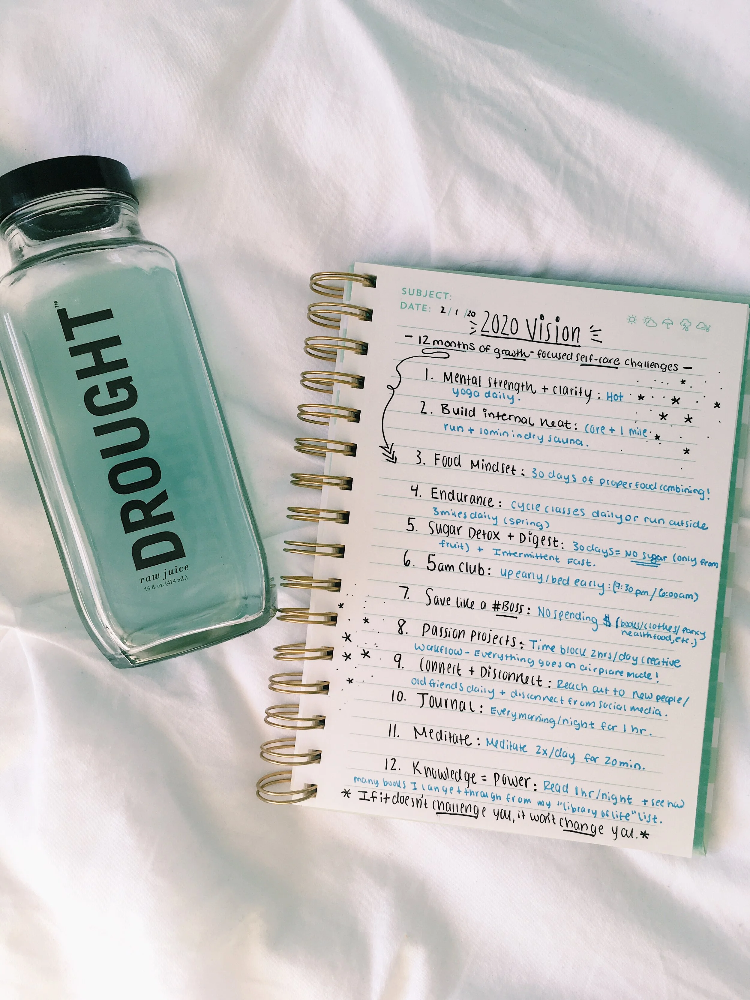 Top twelve monthly challenges for 2020.Also featured above=my fav electrolyte recovery drink from Drought! Contains: Spirulina, phycocyanin, ginger, lemon, + sea salt.
