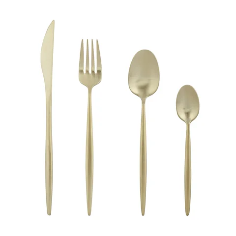 Cutlery - gold (knife, fork, spoon, teaspoon) Price: $1.00 each Qty: 30