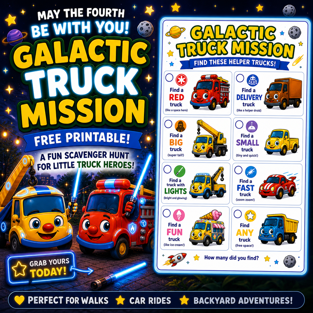 May the fourth be with you Truck Scavenger hunt for kids! Perfect for Star Wars day