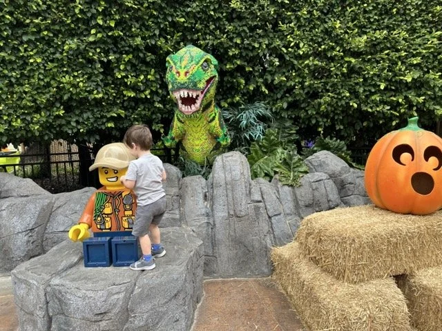 Toddler at Legoland with dinosaur and pumpkin