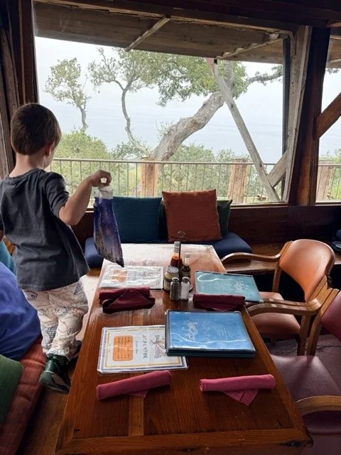 Young boy at table with view of the ocean at Nepenthe Restaurant in Big Sur
