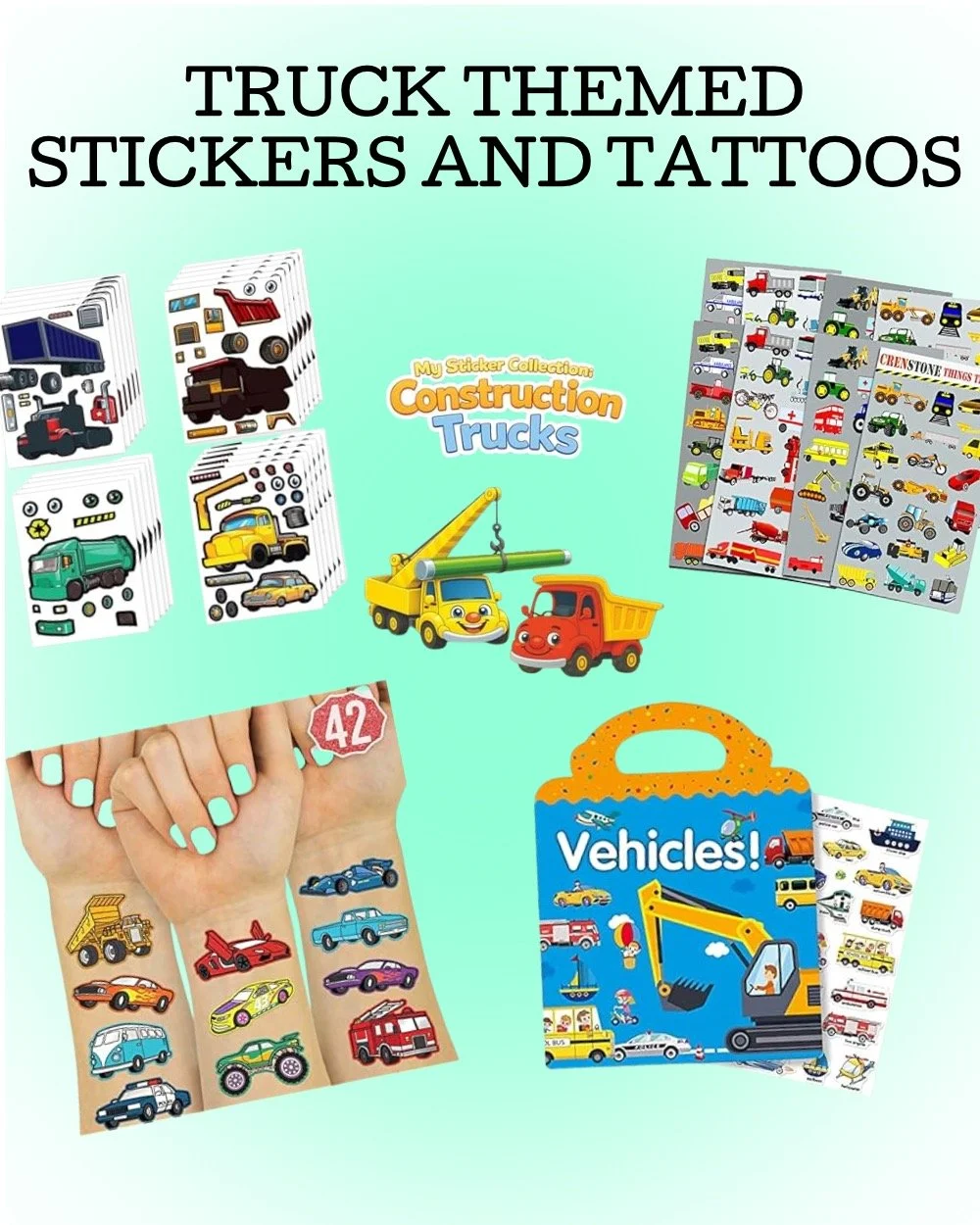 Truck-themed stickers, construction vehicle sticker books, and temporary tattoos for Easter basket stuffers and non-candy egg fillers for kids.