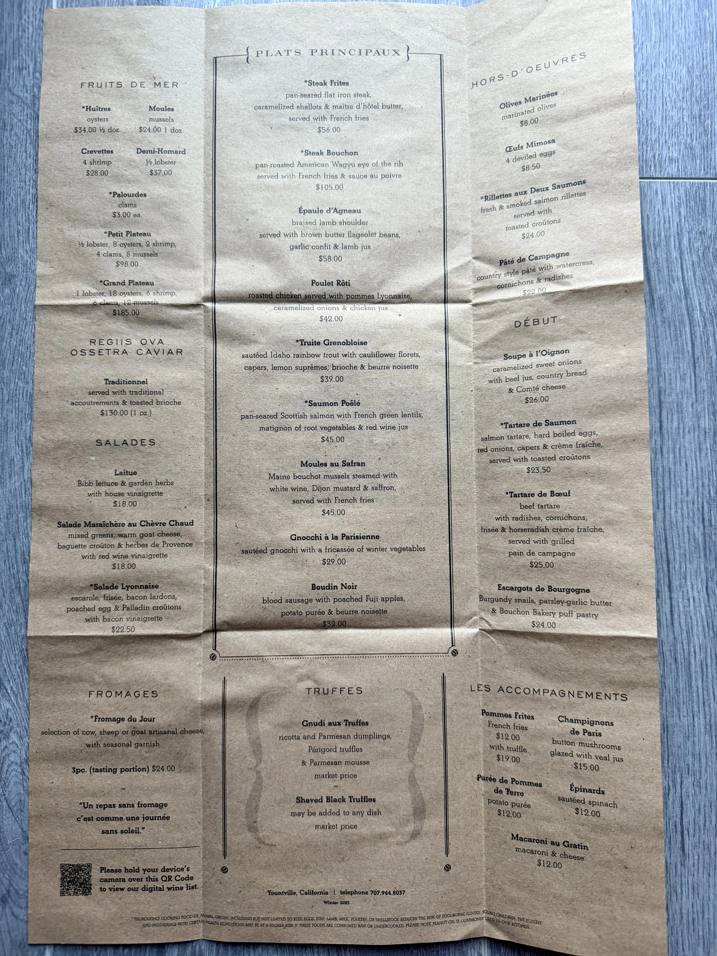 Bouchon Bistro Napa menu with dinner entrees, seafood tower, steak frites, French onion soup, and 2026 menu prices.
