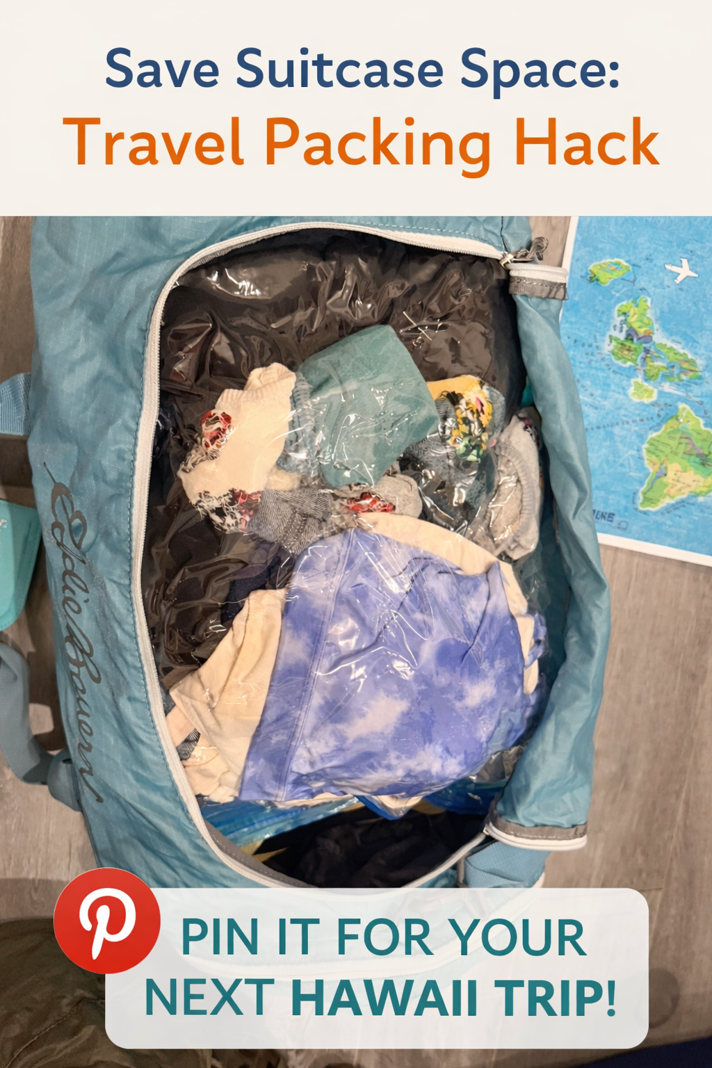 Travel packing hack using roll-up vacuum bags to save suitcase space for a Hawaii trip