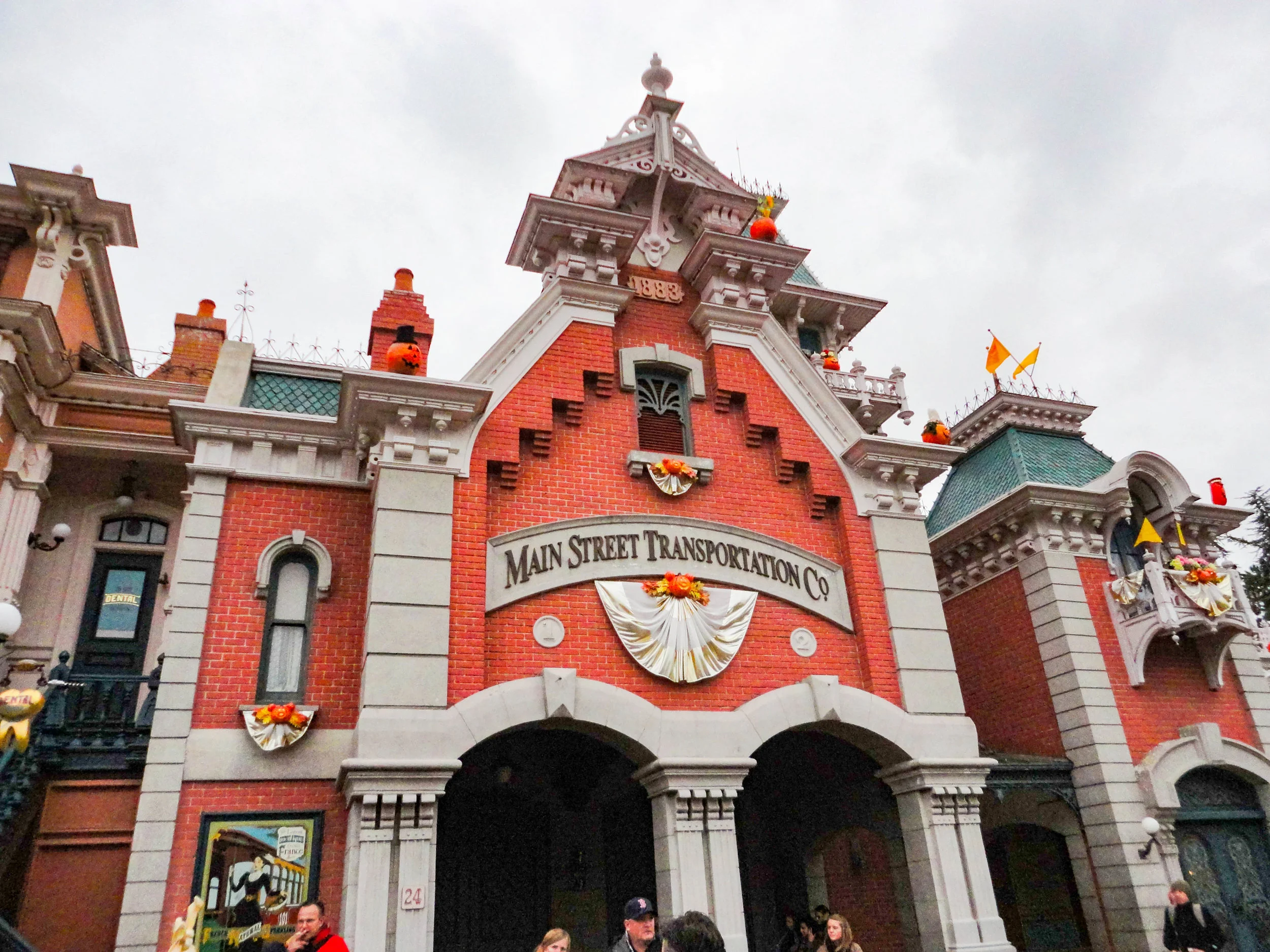 Main Street Transportation Station at Disneyland Paris decorated for Halloween