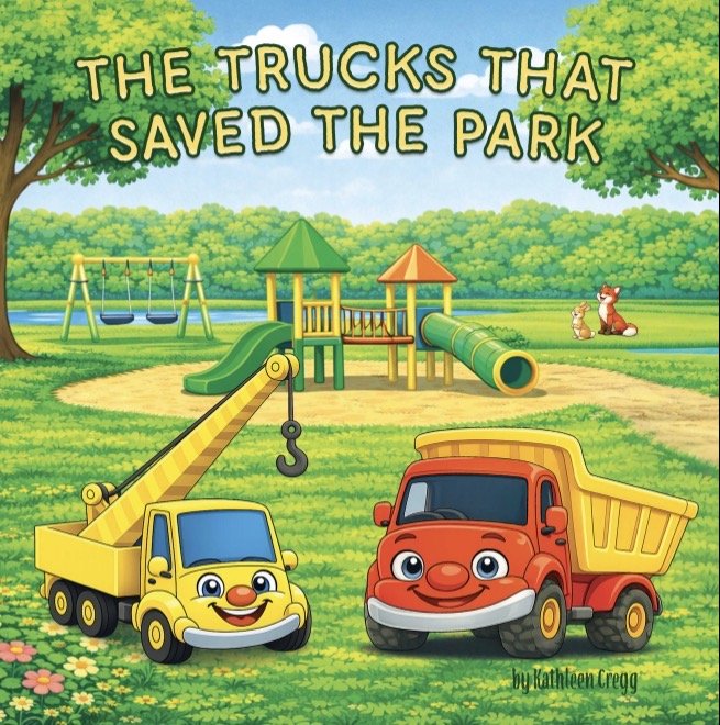 Cover of The Trucks That Saved the Park, a colorful rhyming children’s picture book about construction trucks working together to build a playground.