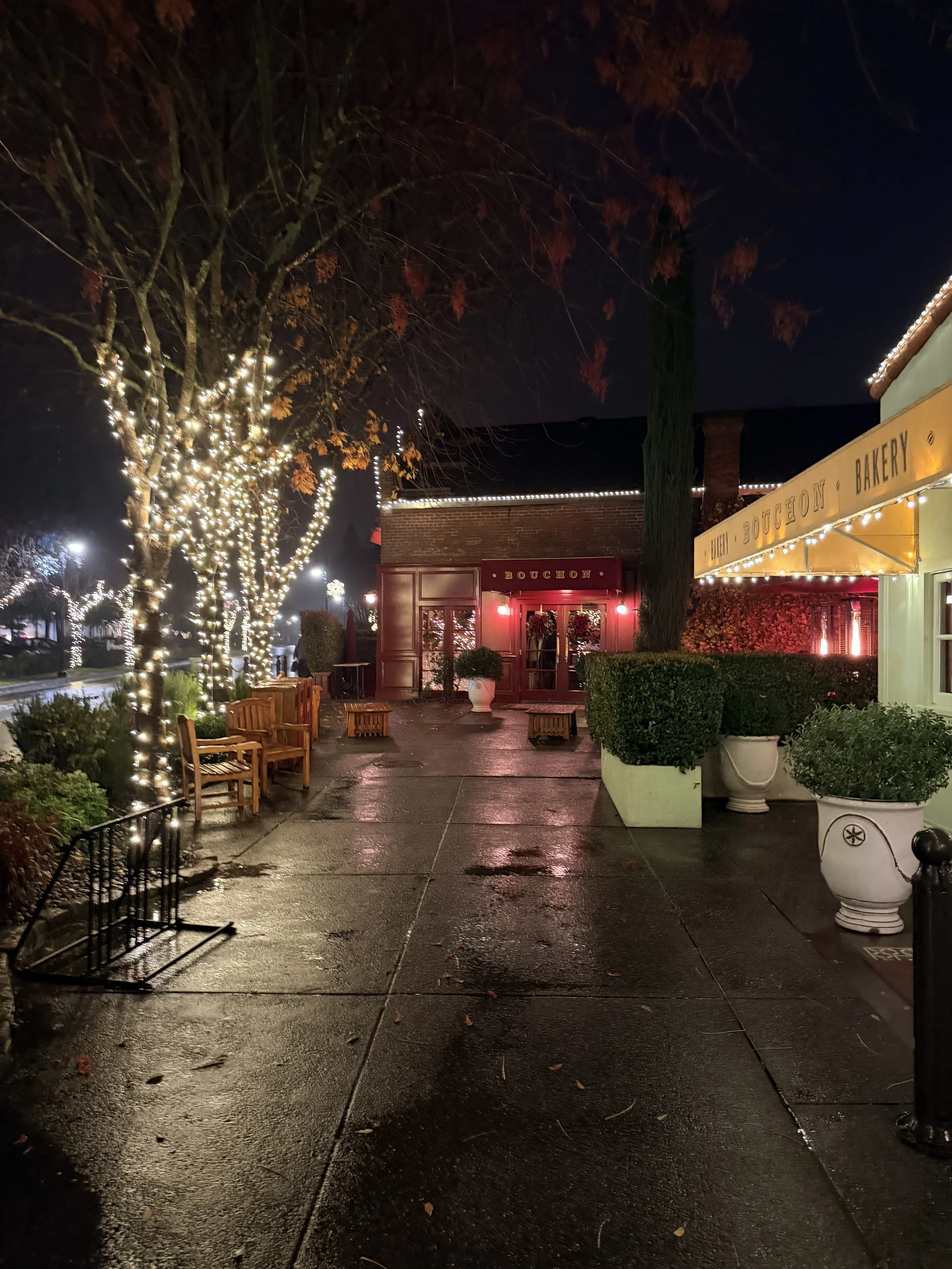 Christmas decorations and lights on the street in front of the Bouchon Restaurant entrance in Yountville