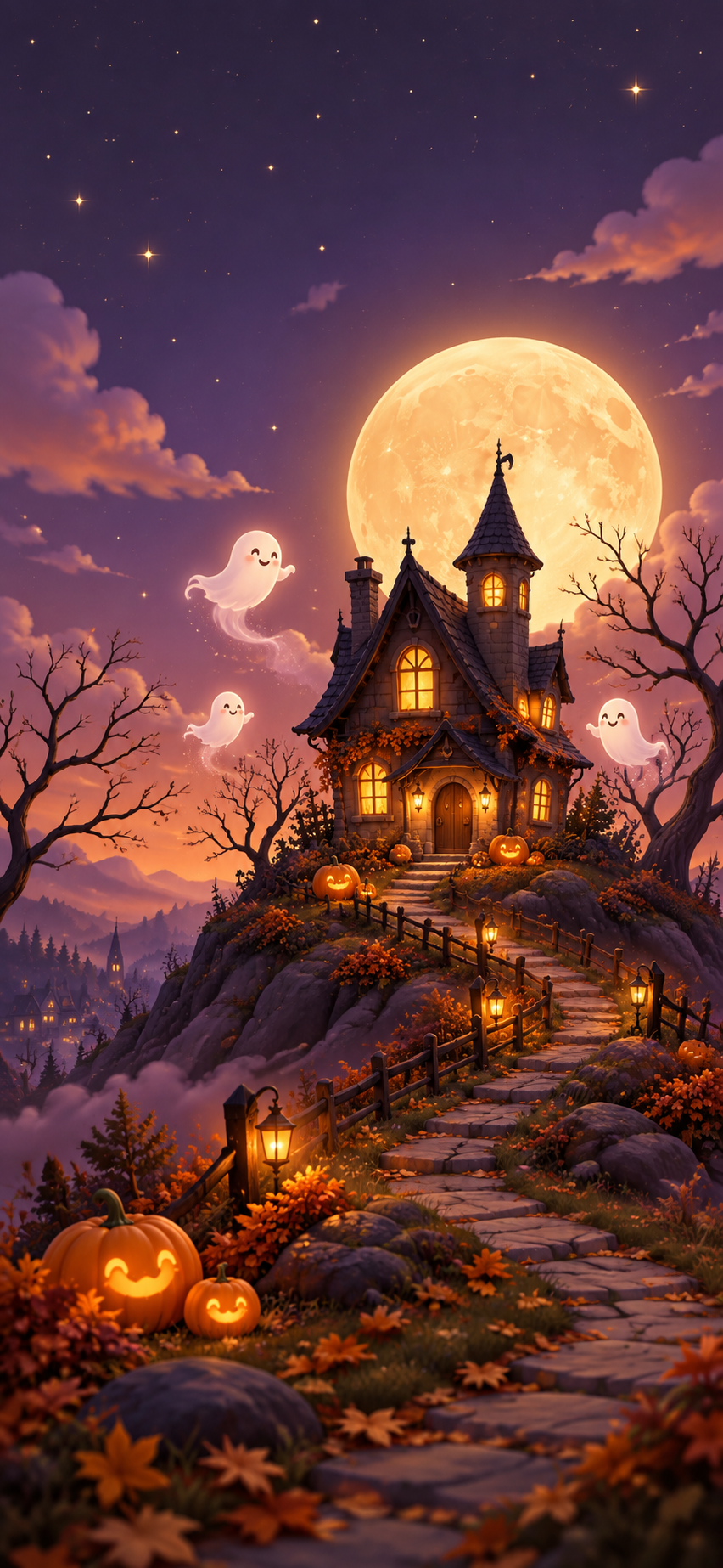 Cute haunted house Halloween wallpaper with smiling ghosts, pumpkins and a glowing moon