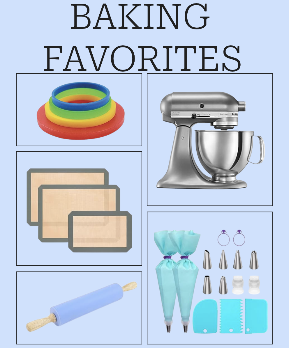Graphic showing favorite baking tools including a stand mixer, silicone baking mats, piping bags with decorating tips, cake molds, and a rolling pin.