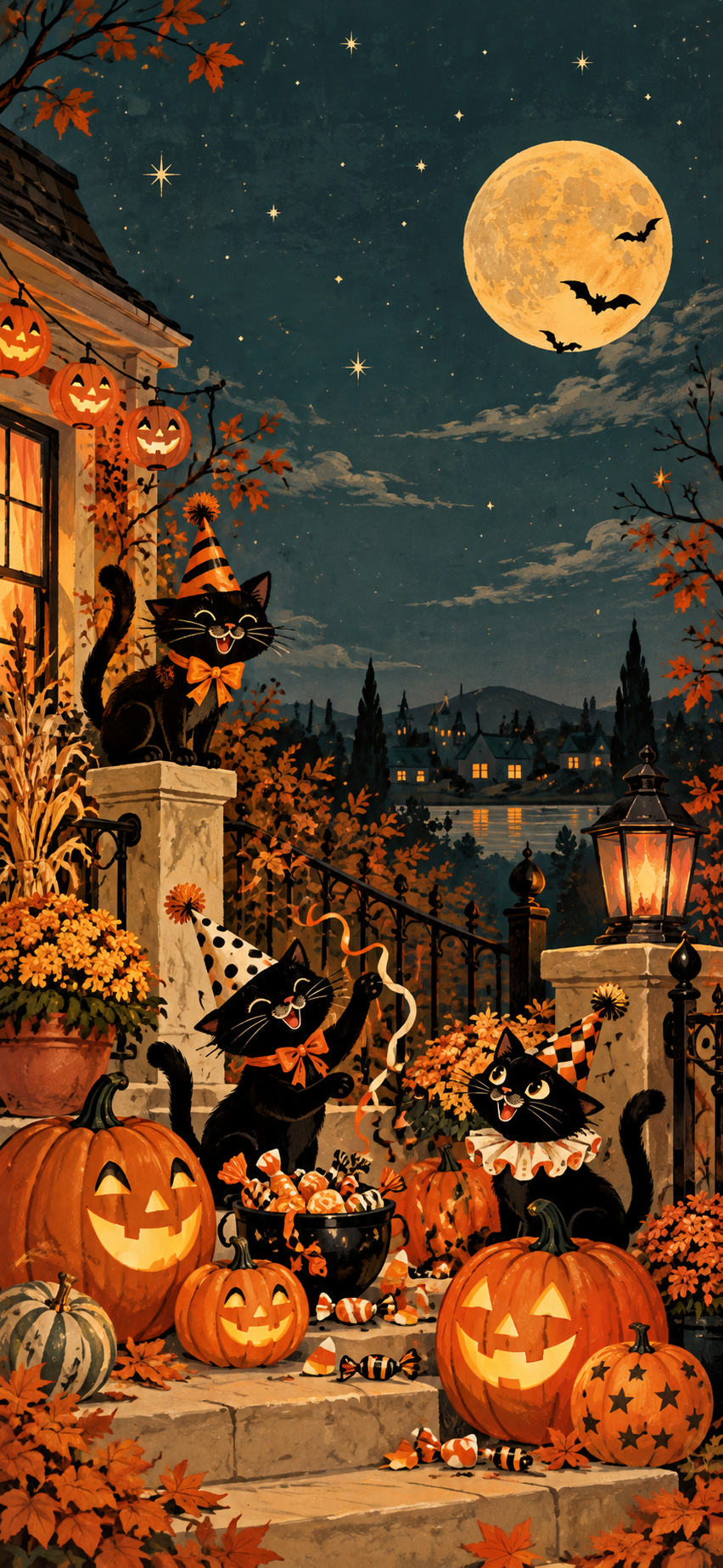 Retro Halloween party wallpaper with black cats, jack-o-lanterns, candy and a full moon
