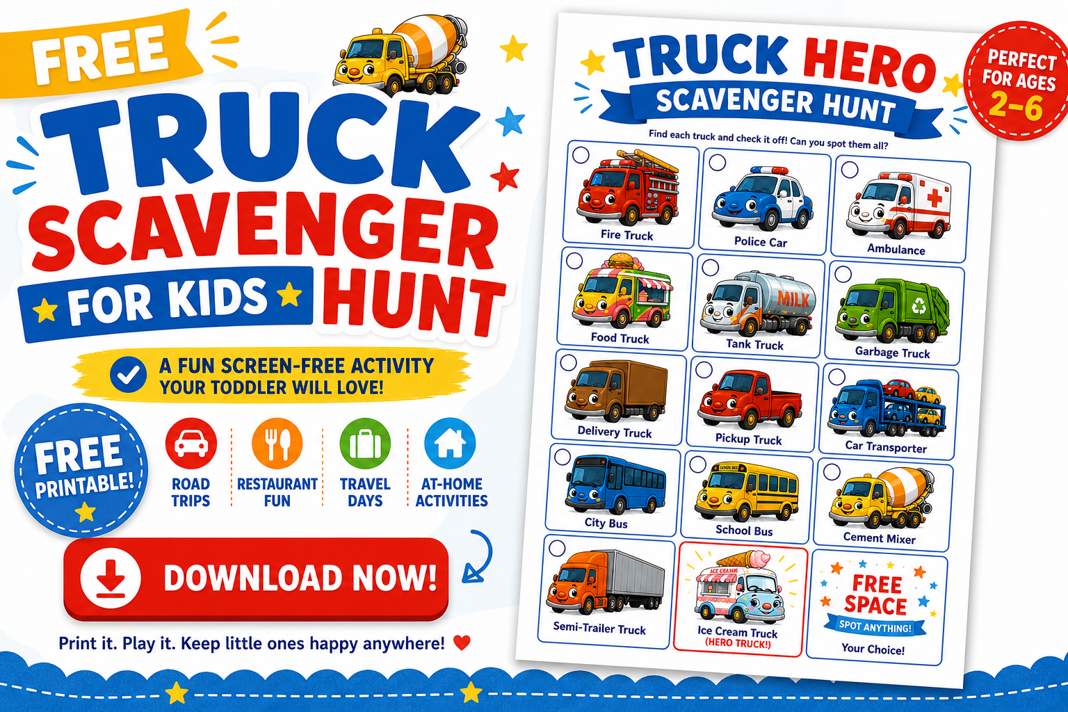 Download a free printable for a Truck Scavenger hunt