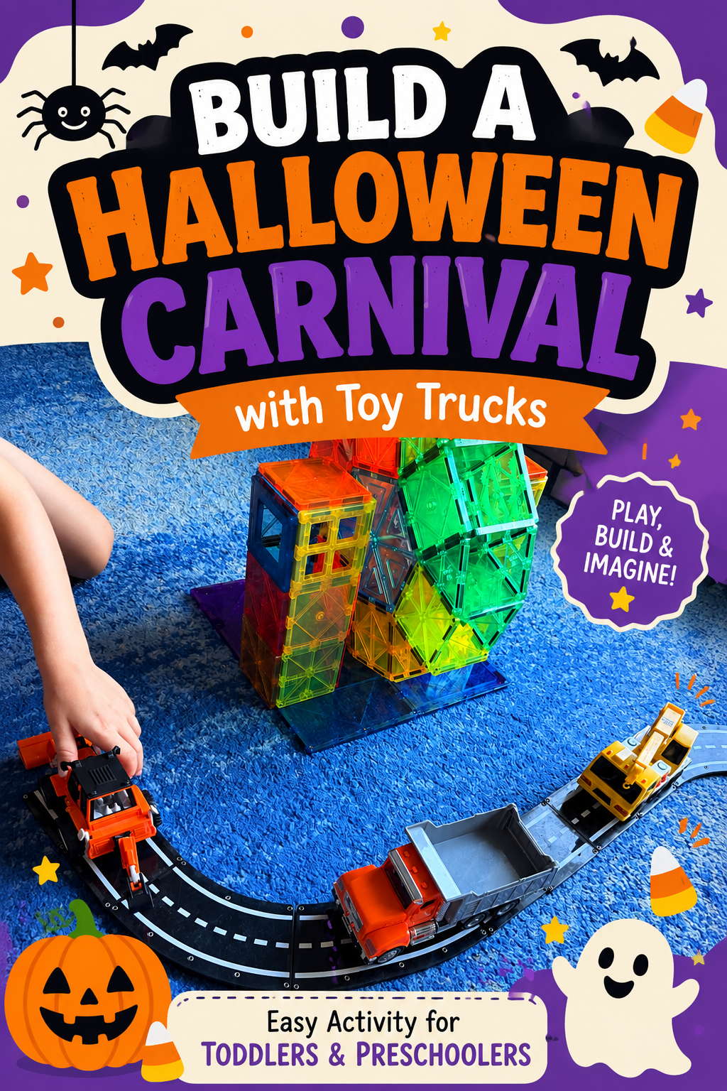 Halloween Magnetic tile ferris wheel with trucks - great kid activity