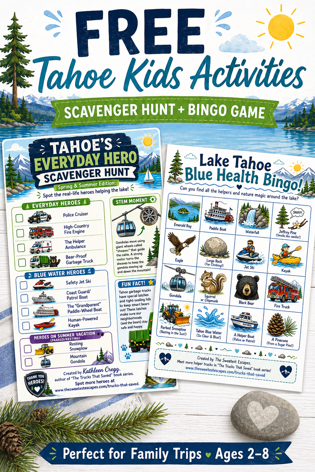 Free Lake Tahoe kids activities printable featuring a scavenger hunt and bingo game for family travel