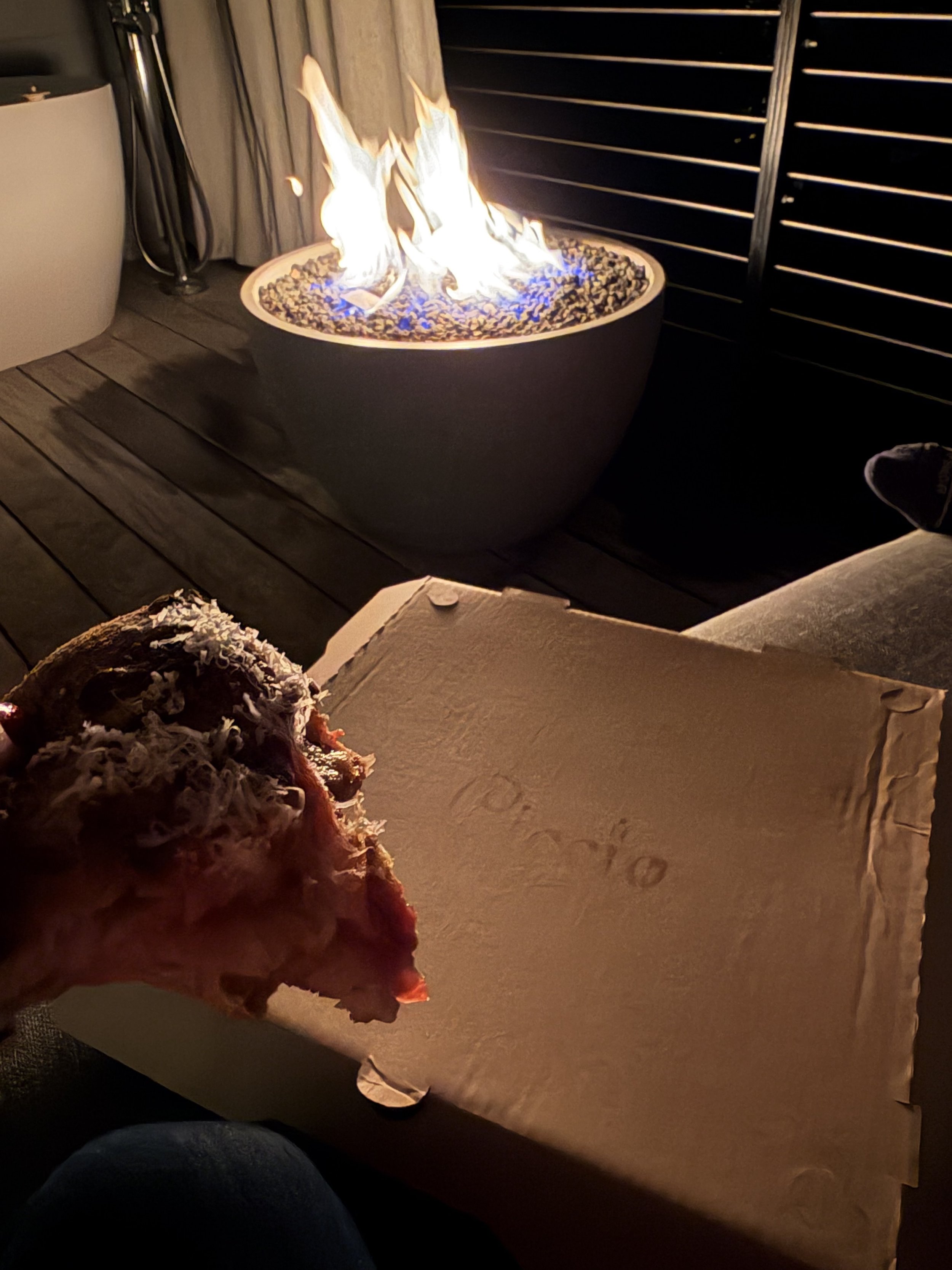 Ciccio Pepperoni Pizza being enjoyed by the fire pit