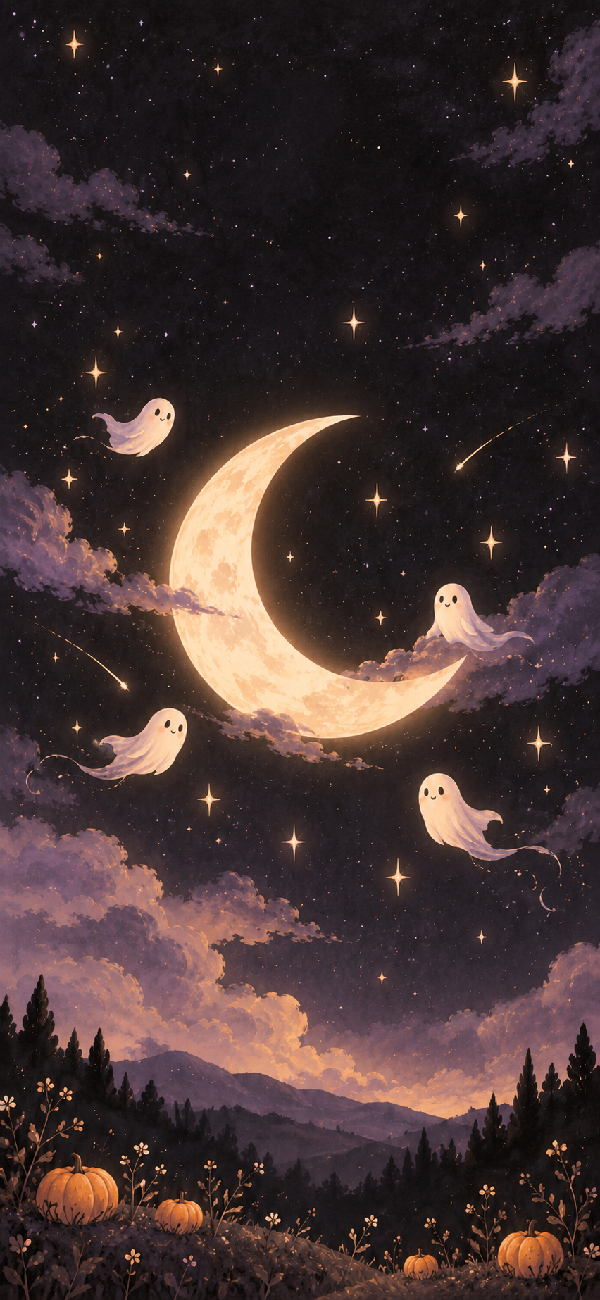 Cute Halloween wallpaper with floating ghosts, crescent moon, stars and lavender clouds