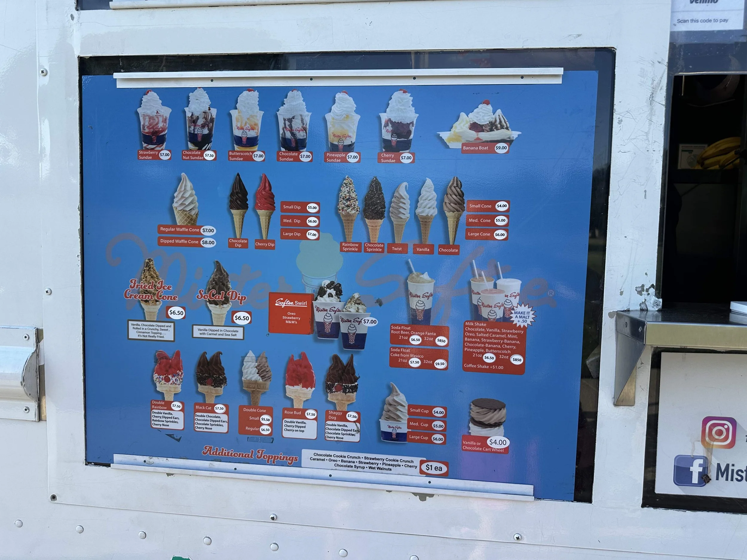 Mister Softee ice cream truck menu featuring soft serve cones, sundaes, and shakes in Los Angeles.