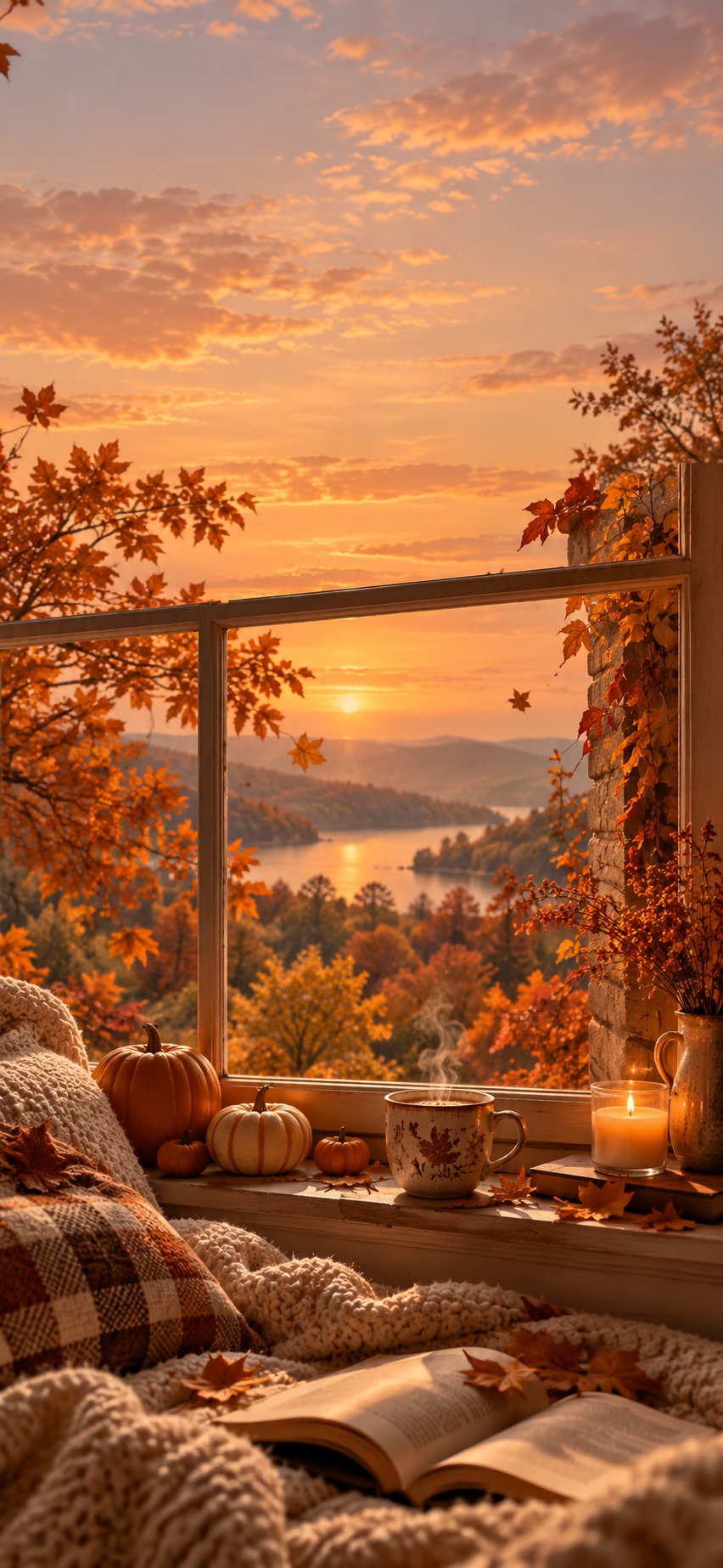 Cozy autumn iPhone wallpaper with pumpkins, hot drink, candle and fall leaves outside a window