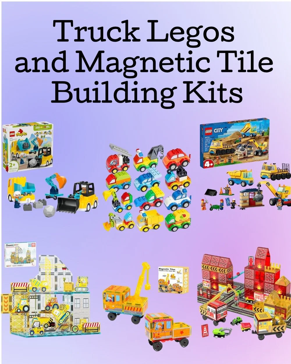 Truck LEGO sets and magnetic tile construction building sets for kids, perfect for Easter basket gifts and truck-loving toddlers and preschoolers.