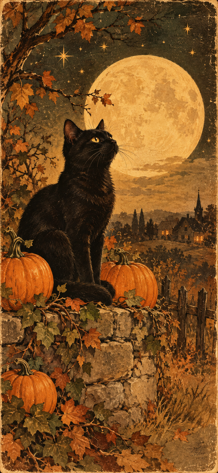Vintage Halloween wallpaper with a black cat, pumpkins, autumn leaves and a full moon