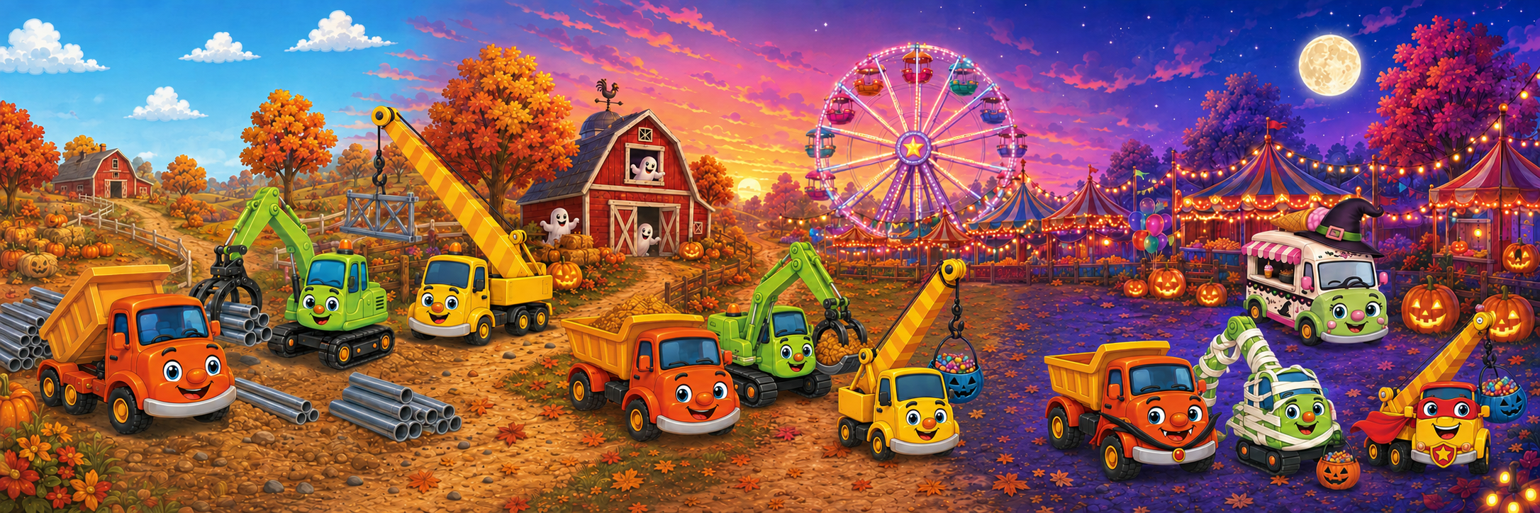 The trucks that saved Halloween artwork with the dump truck, Crane Truck, Excavator from start to finish