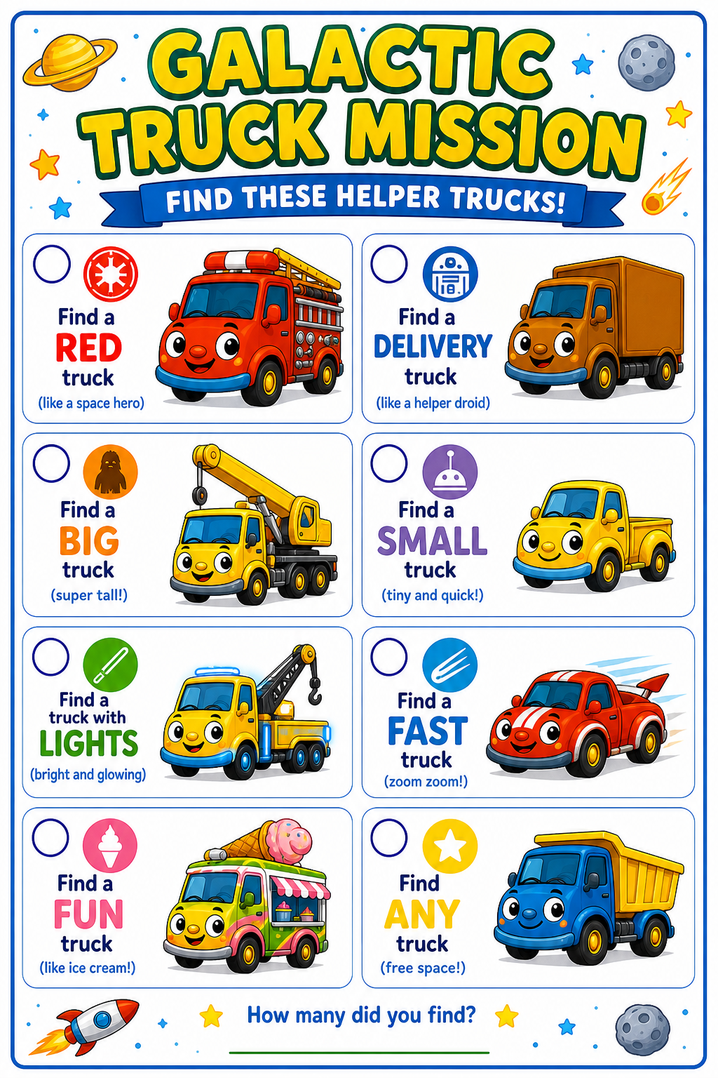 Free Truck Scavenger Hunt for Kids (Galactic Theme!) | May the fourth Screen-Free Activity for kids that love Star Wars