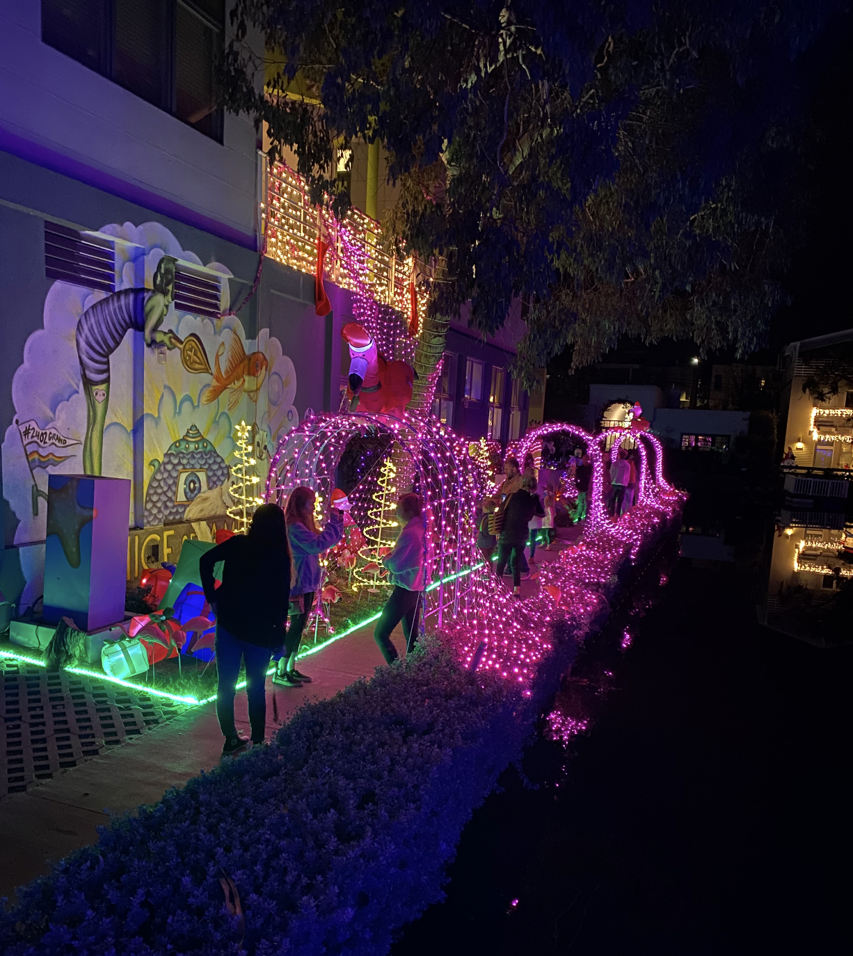 Venice Canals Pink Flamingo Christmas Lights Display