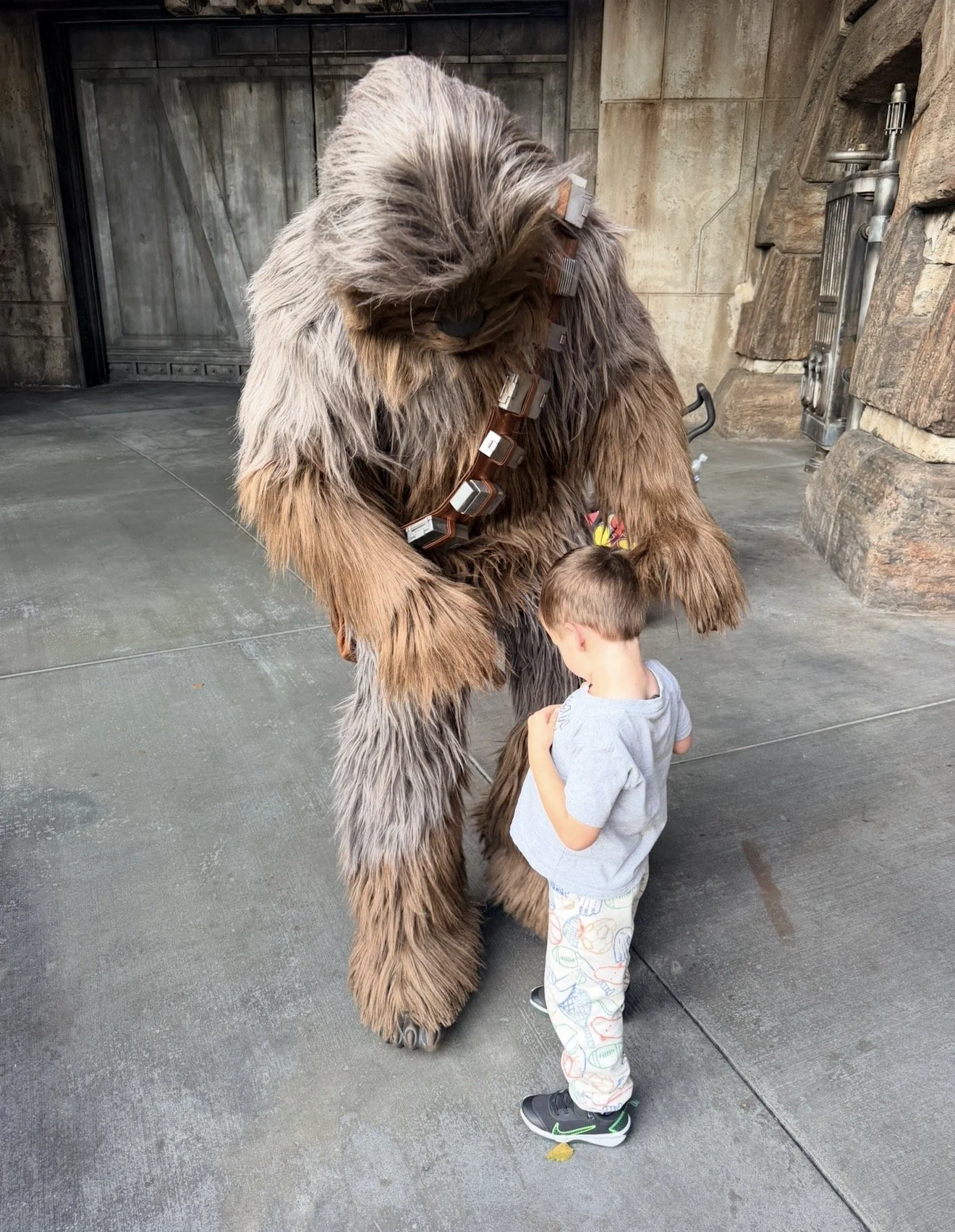 Toddler meeting Chewbacca in Star Wars Galaxy’s Edge at Disneyland during a family Disney trip.