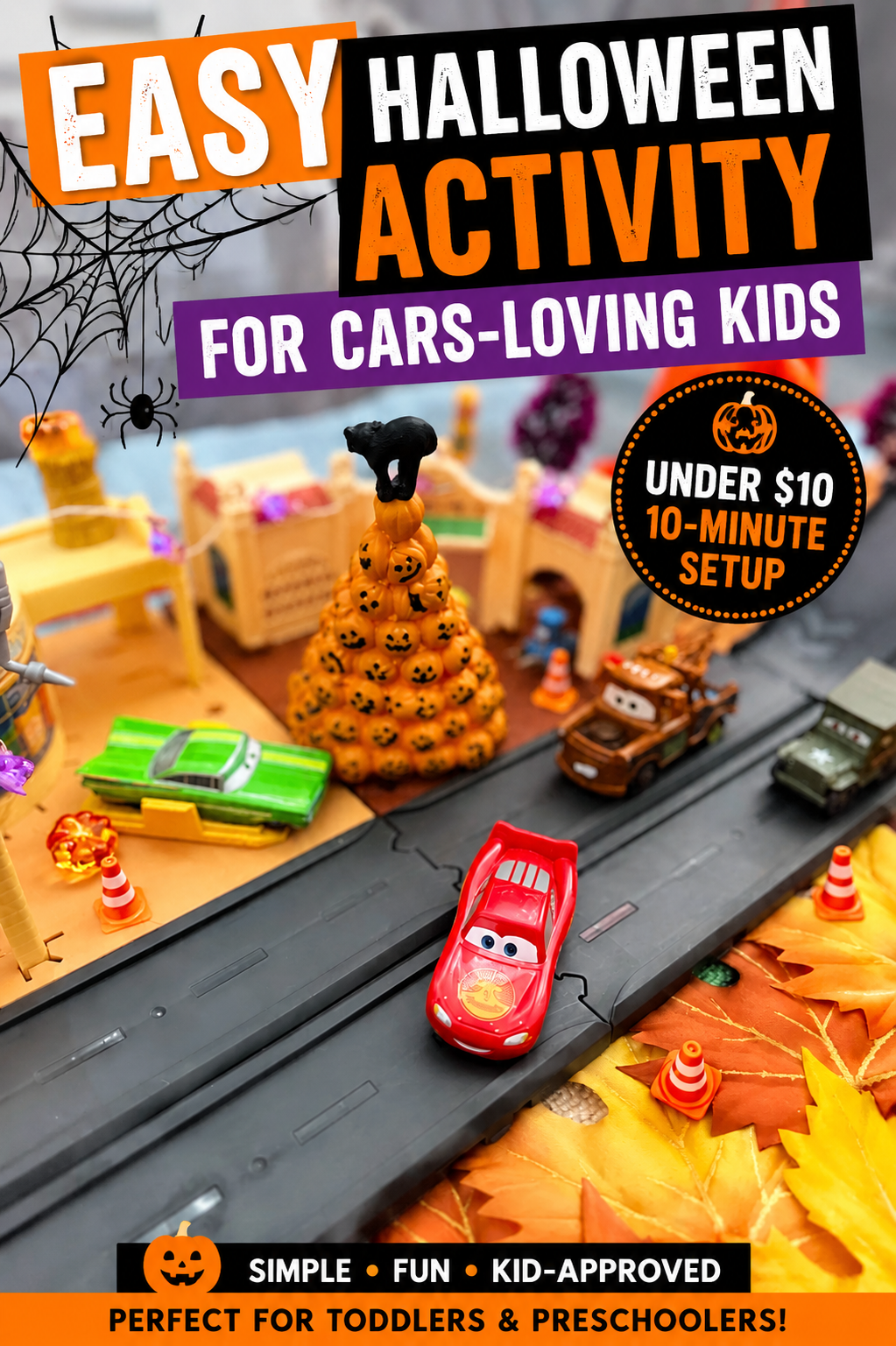 Under $10, 10 minute setup Cars Radiator Springs Halloween Makeover