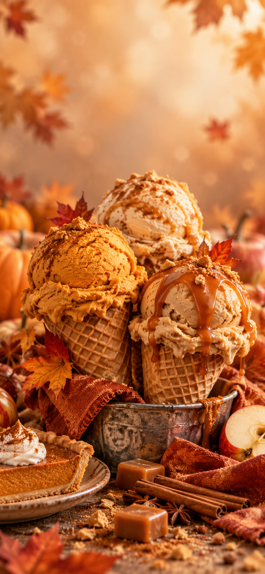 Fall aesthetic iPhone wallpaper with ice cream cones, autumn leaves and warm orange and caramel colors